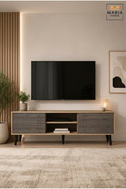 Modern Two-Tone TV Unit with Sliding Doors √ê Wooden Entertainment Console Cabinet