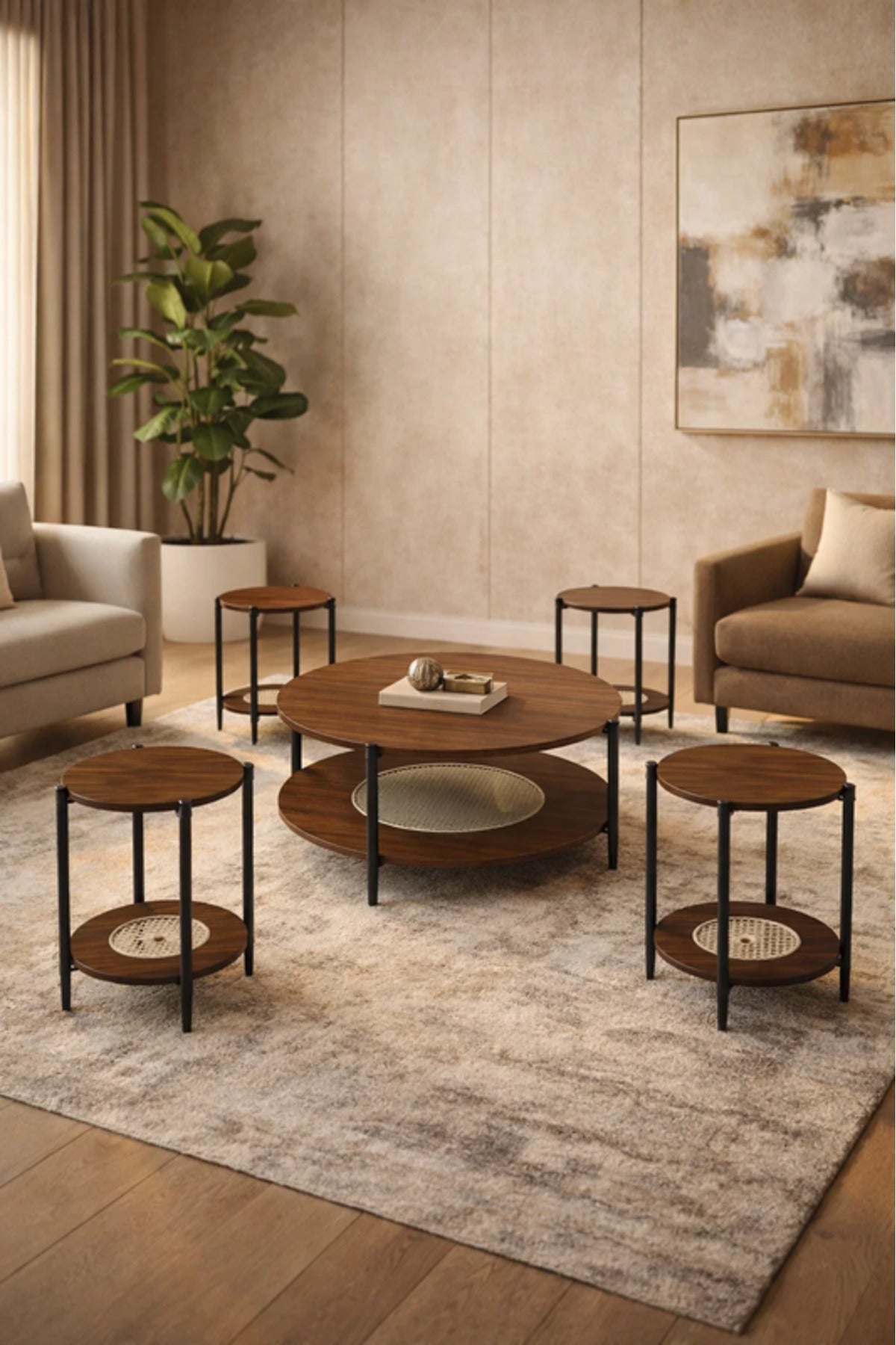 Modern 5-Piece BROWN B Concrete and Metal Coffee Table Set