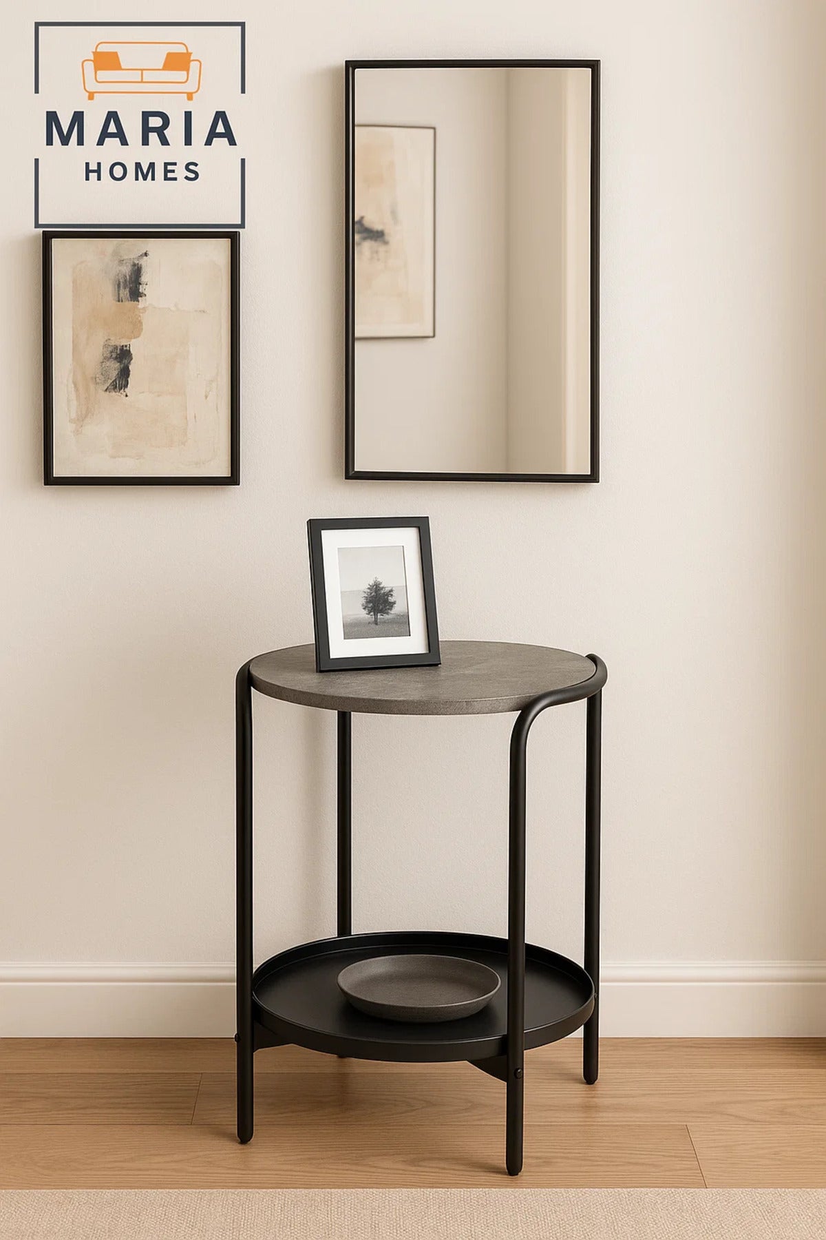 Modern Round Side Table with Stone-Texture Top and Black Tray Shelf
