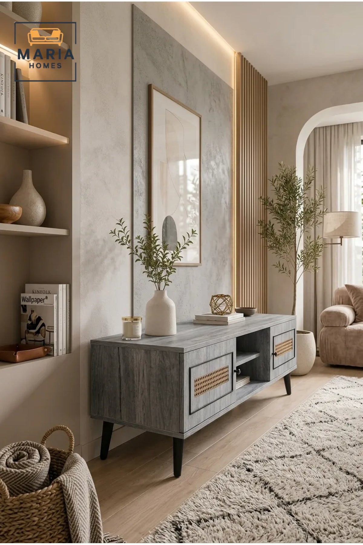 Modern Rattan Style TV Unit 180 _ 40 _ 45 cm √ê Wooden Entertainment Center with 2 Doors and Open Storage Shelf