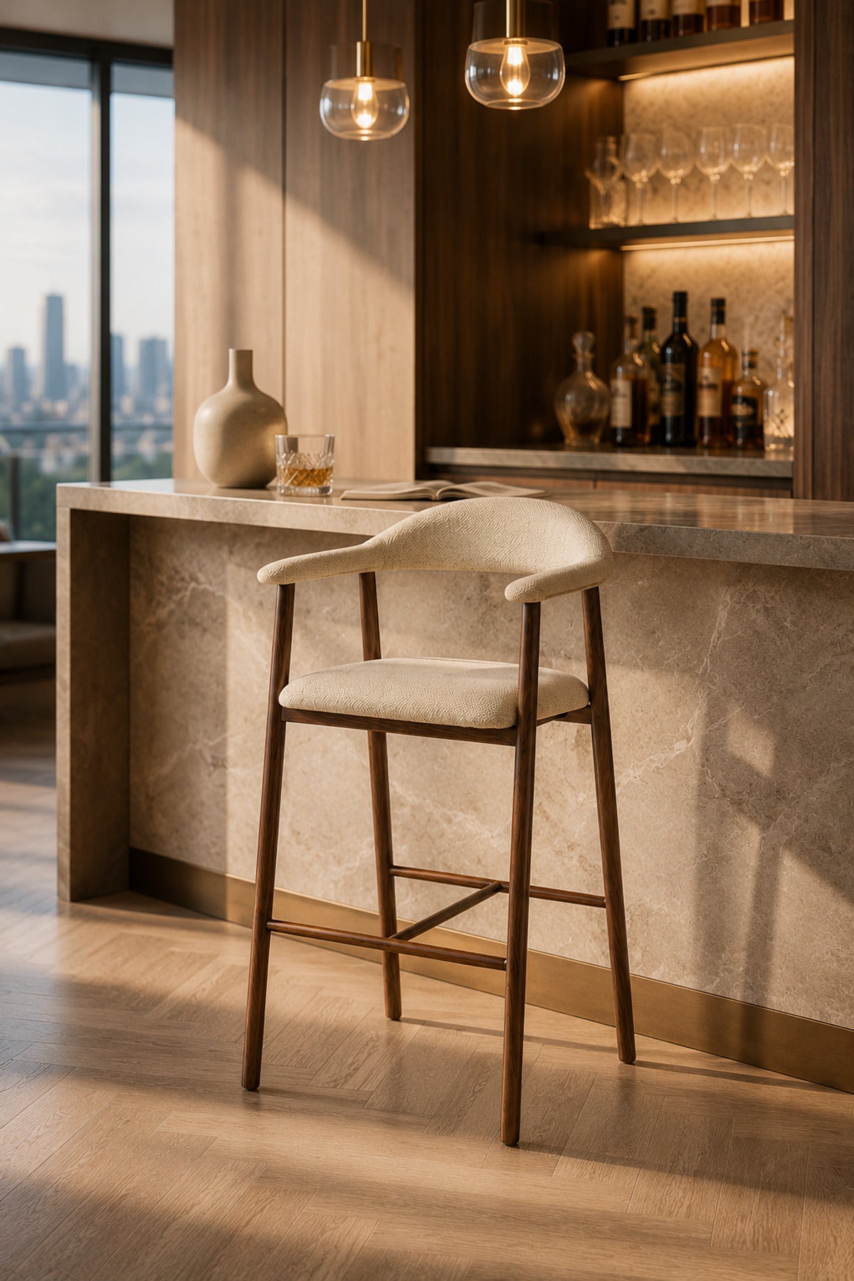 Modern Scandinavian Beige Upholstered Bar Stool with Dark Wood Legs for Kitchen Counter & Home Bar S