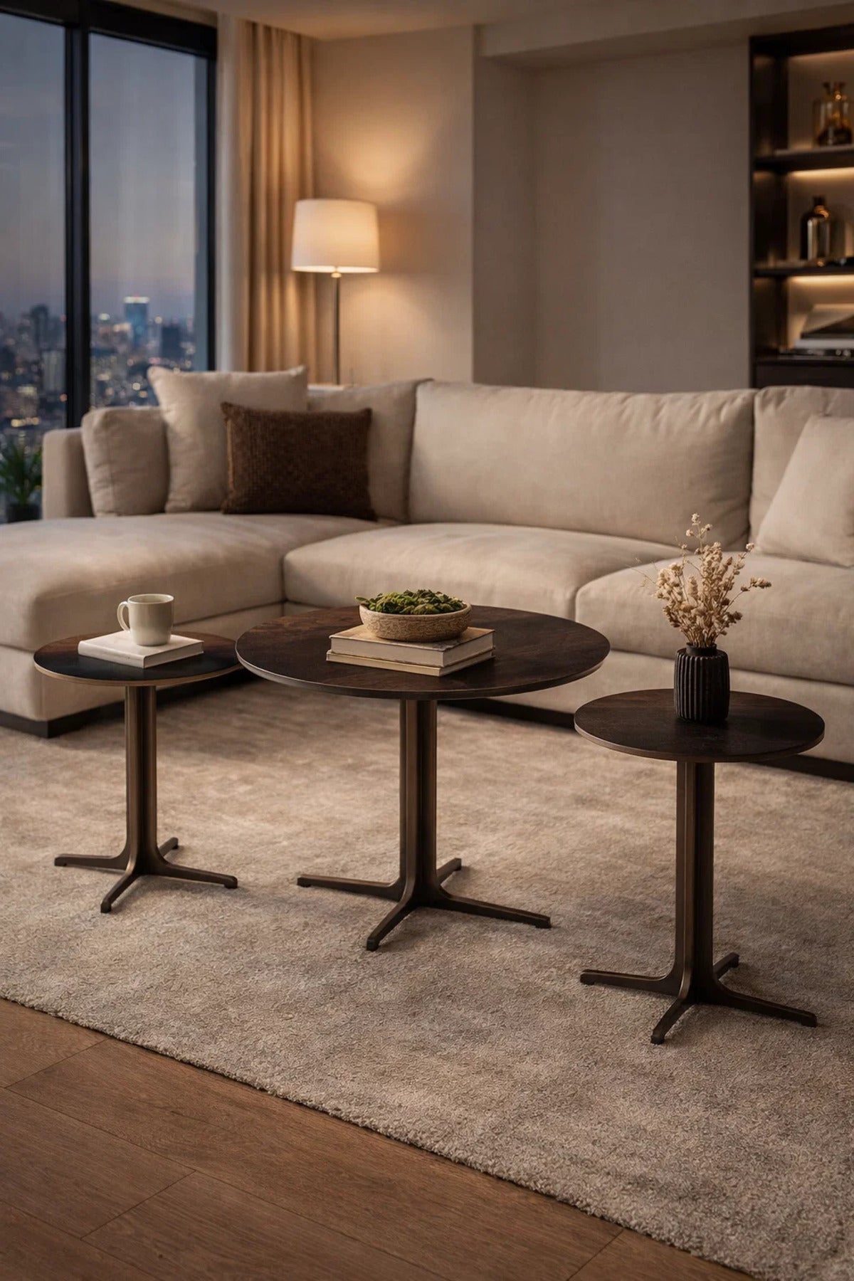 Brown Ceramic Coffee Table Set 1+2 with Metal Base 80_80_48 cm 45_45_55 Side Tables