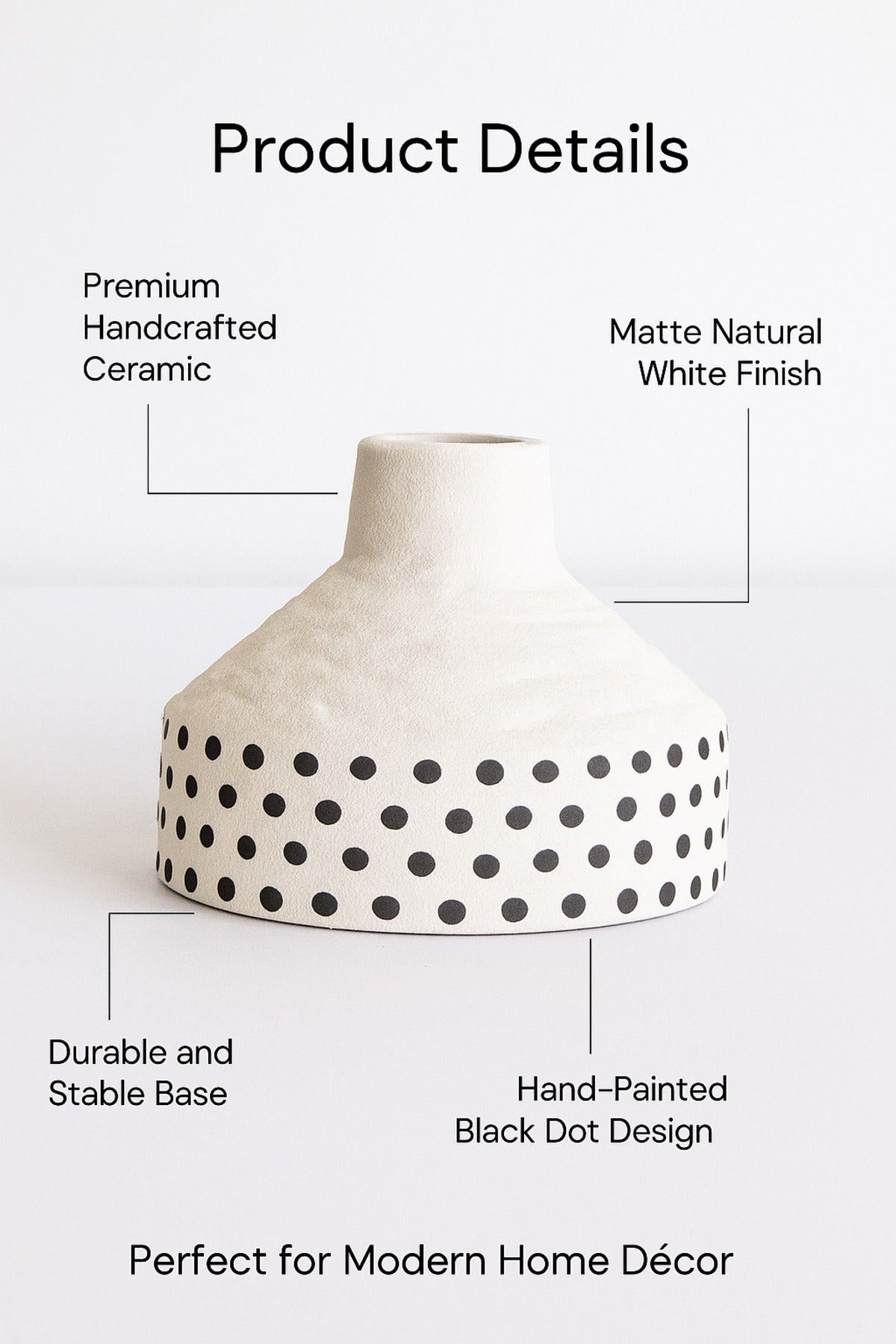 Natural White Ceramic Vase with Black Dots Ð Wide Cone Decorative Vase