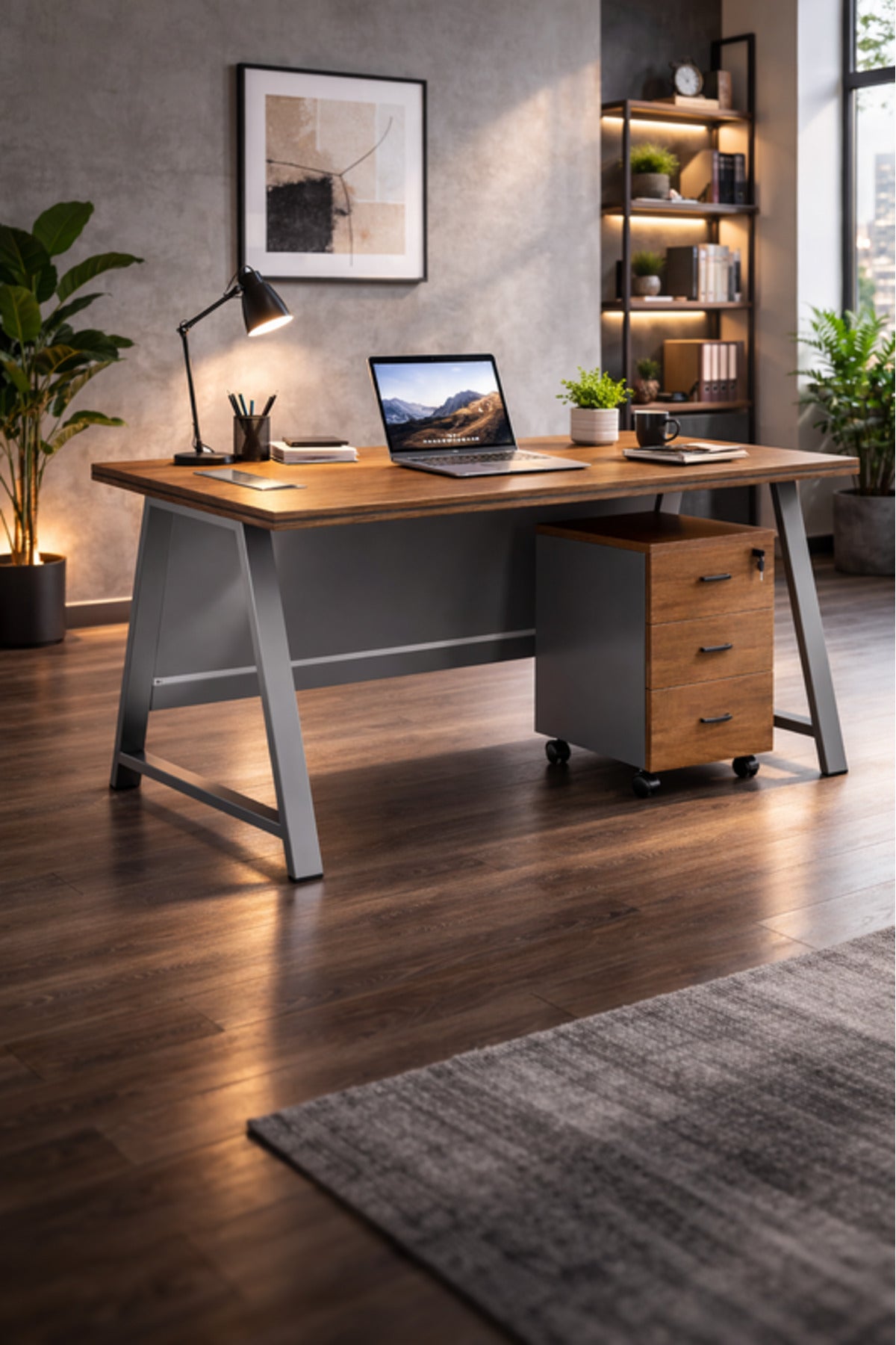 Modern Grey Executive Desk with Wooden Top and Storage Drawer √ê Sleek Work Desk