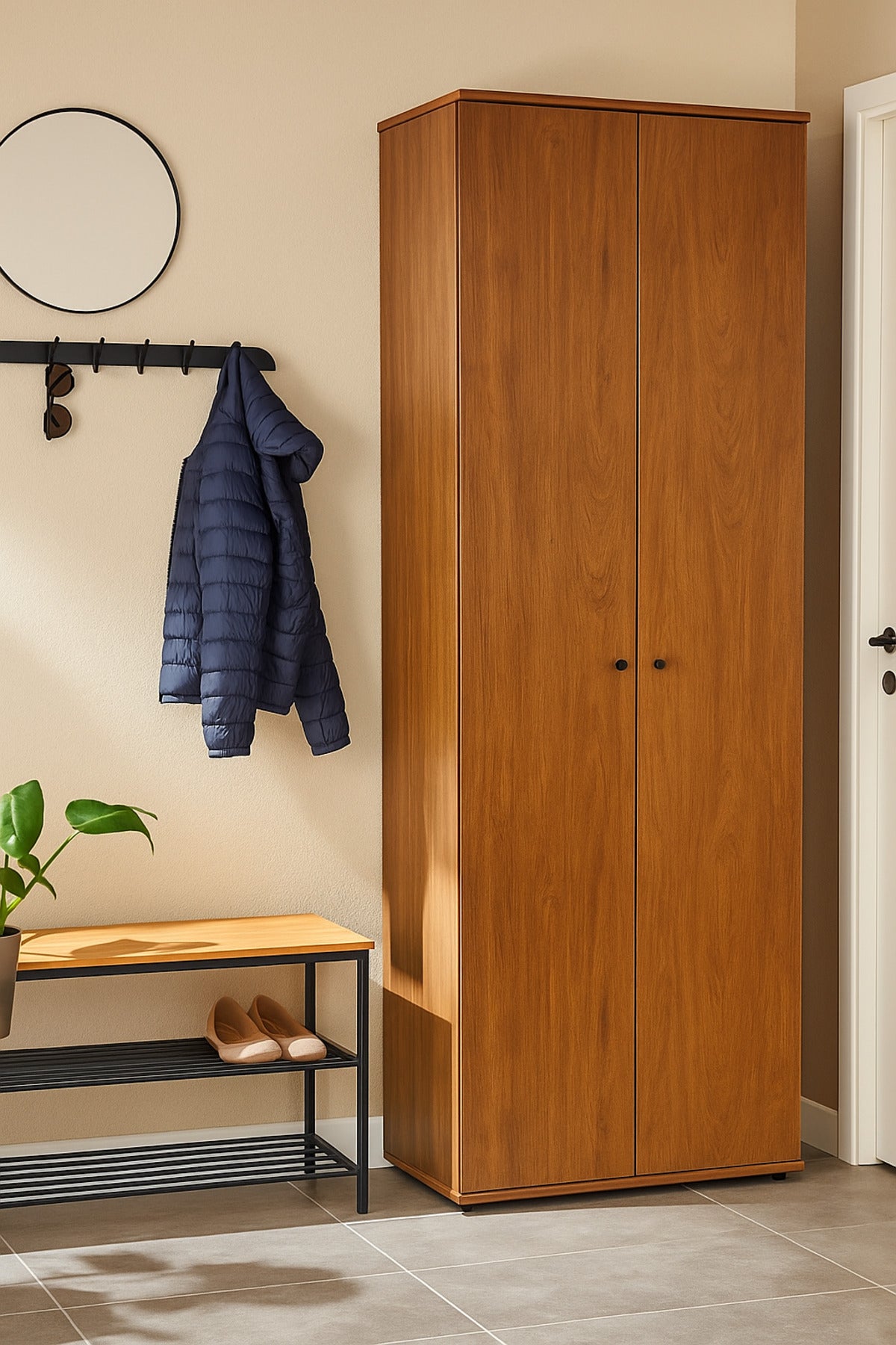 Modern Brown Wooden Wardrobe √ê 196_62_36 cm | Elegant 2-Door Storage Cabinet for Bedroom or Office