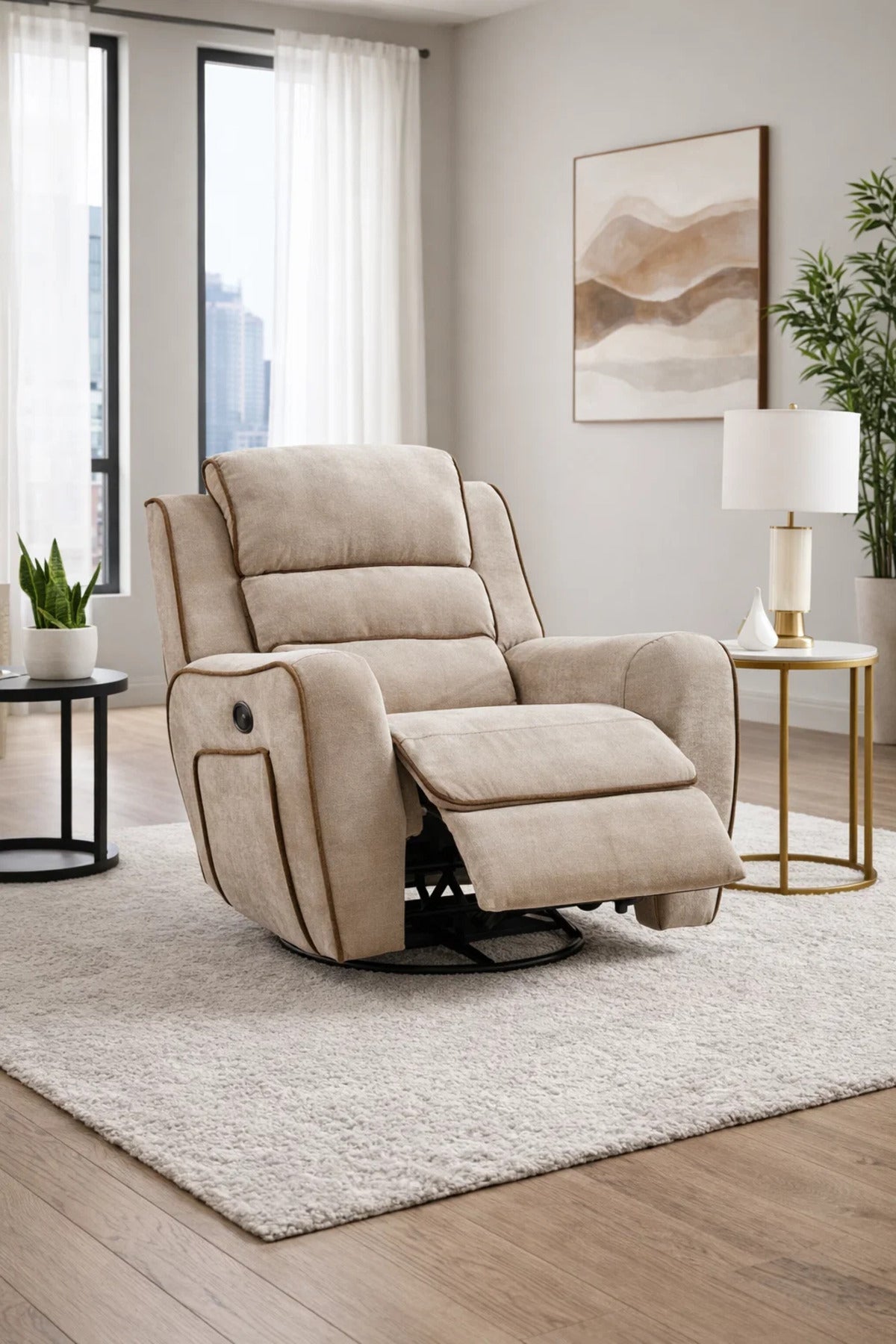 Premium Light Brown Fabric Swivel Rocker Recliner Chair with Contrast Piping for Living Room