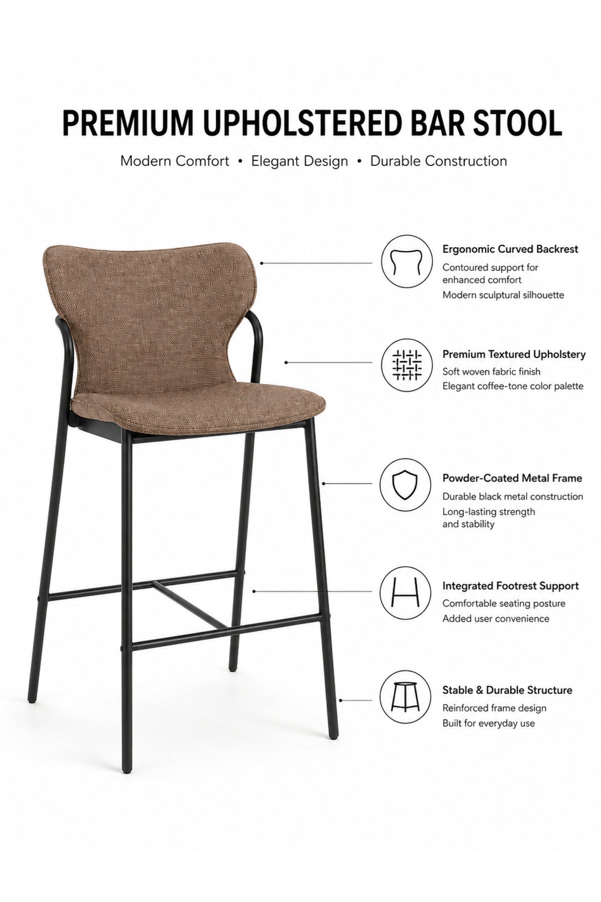 Modern Upholstered Bar Stool with Curved Backrest & Metal Frame - Counter Height Chair for Kitchen &