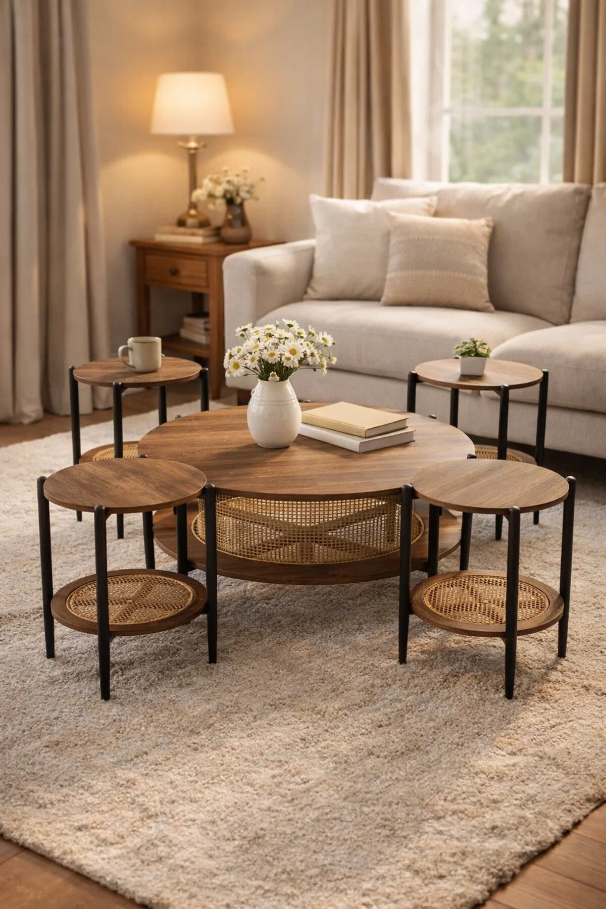 Luxury 5-Piece Round Coffee Table Set Brown Wood Finish with Rattan Shelf for Modern Living Room