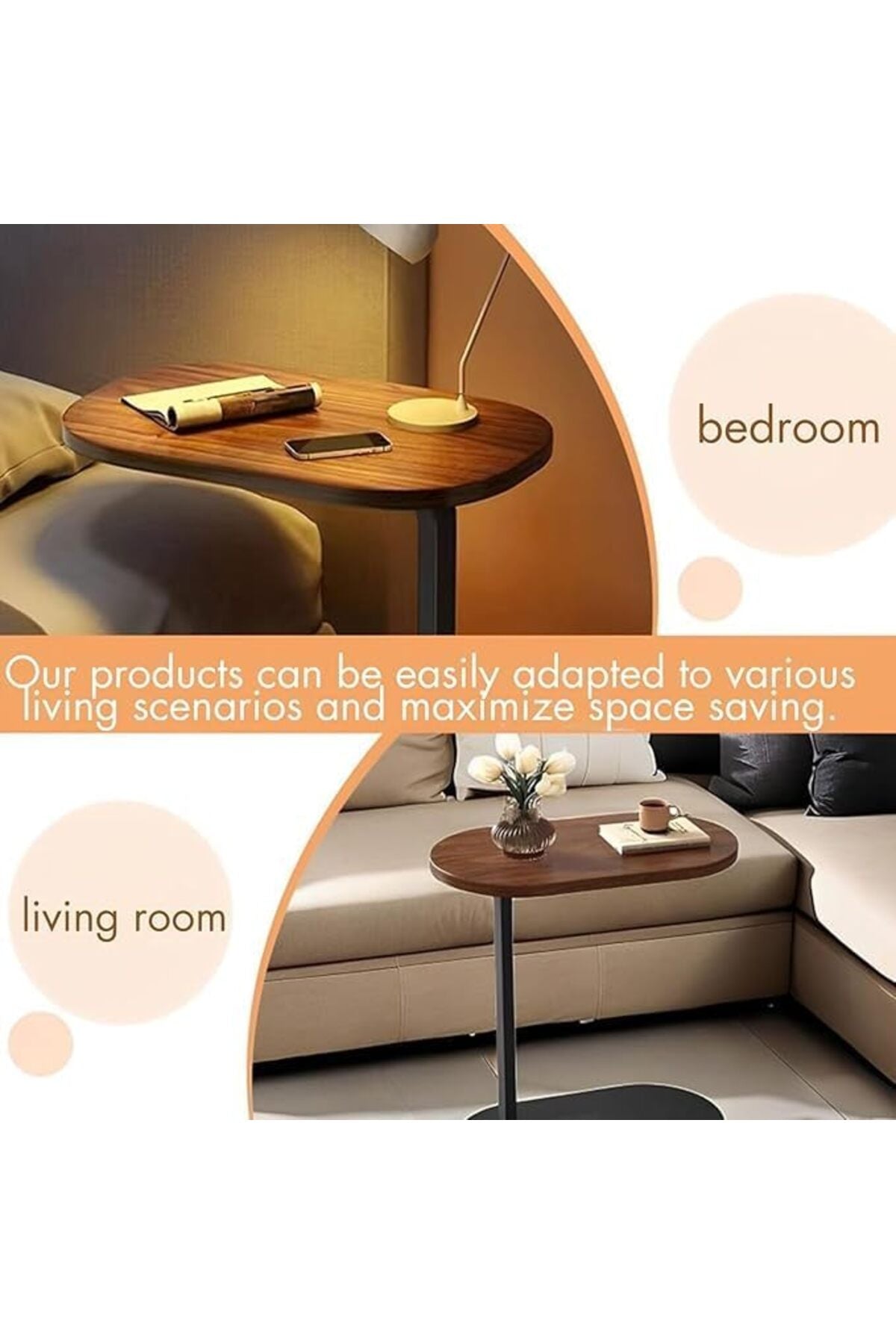 C-Shaped Side Table with Brown Wood Top and Black Metal Frame 4 pcs set
