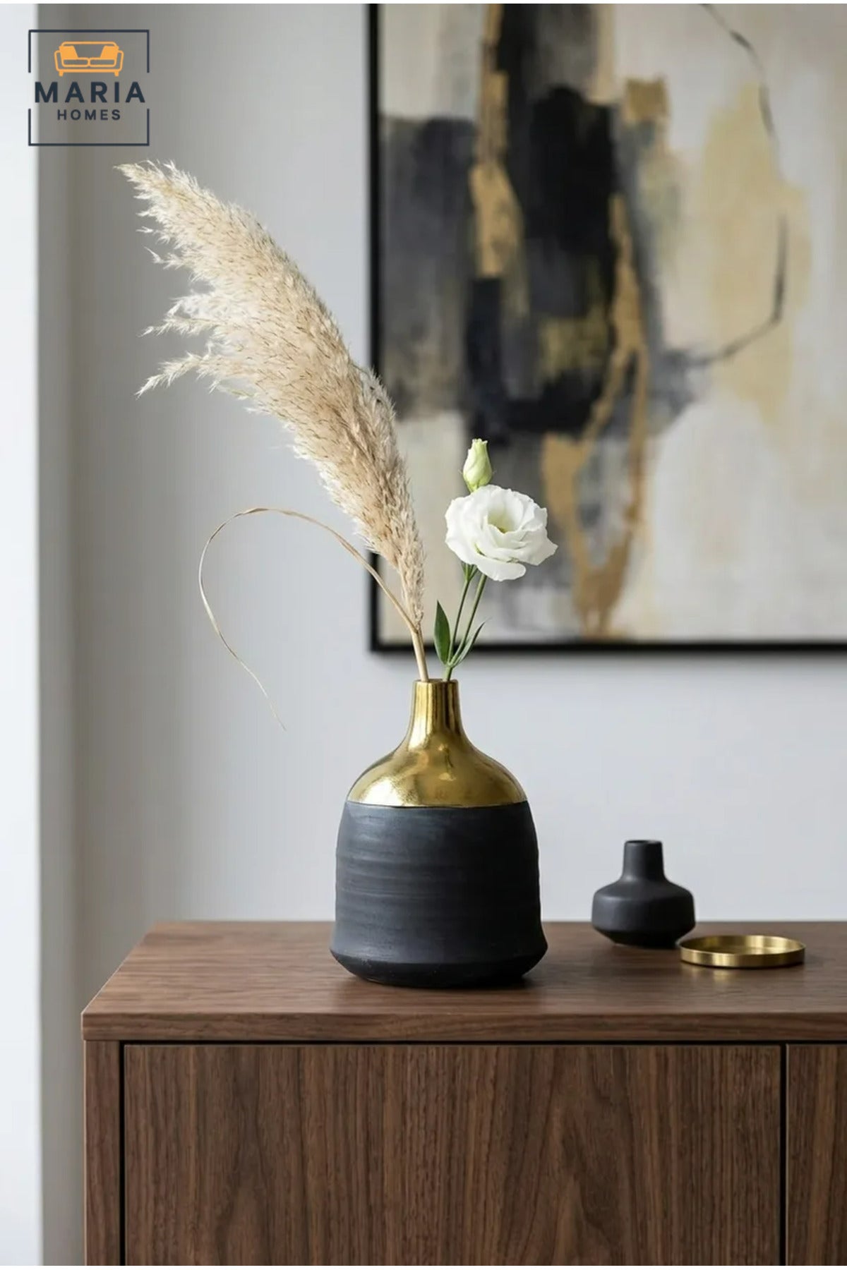 Modern Decorative Flower Vase with Gold-Tone Neck, Textured Body and Rounded Shape for Living Room, Bedroom, Office, Shelf and Console Table Décor