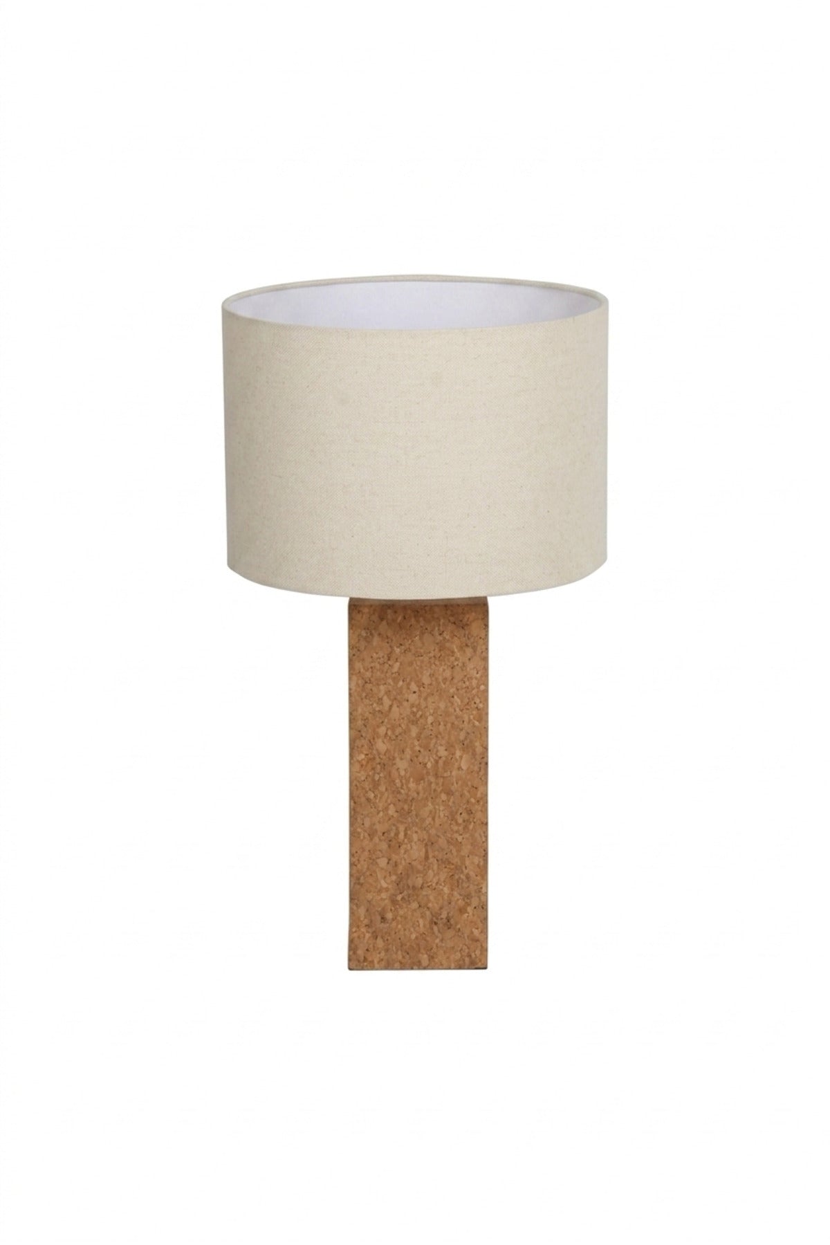 Modern Cork Table Lamp with Beige Drum Fabric Shade and Slim Rectangular Textured Base for Bedroom, Living Room, Office, Hotel and Bedside Décor