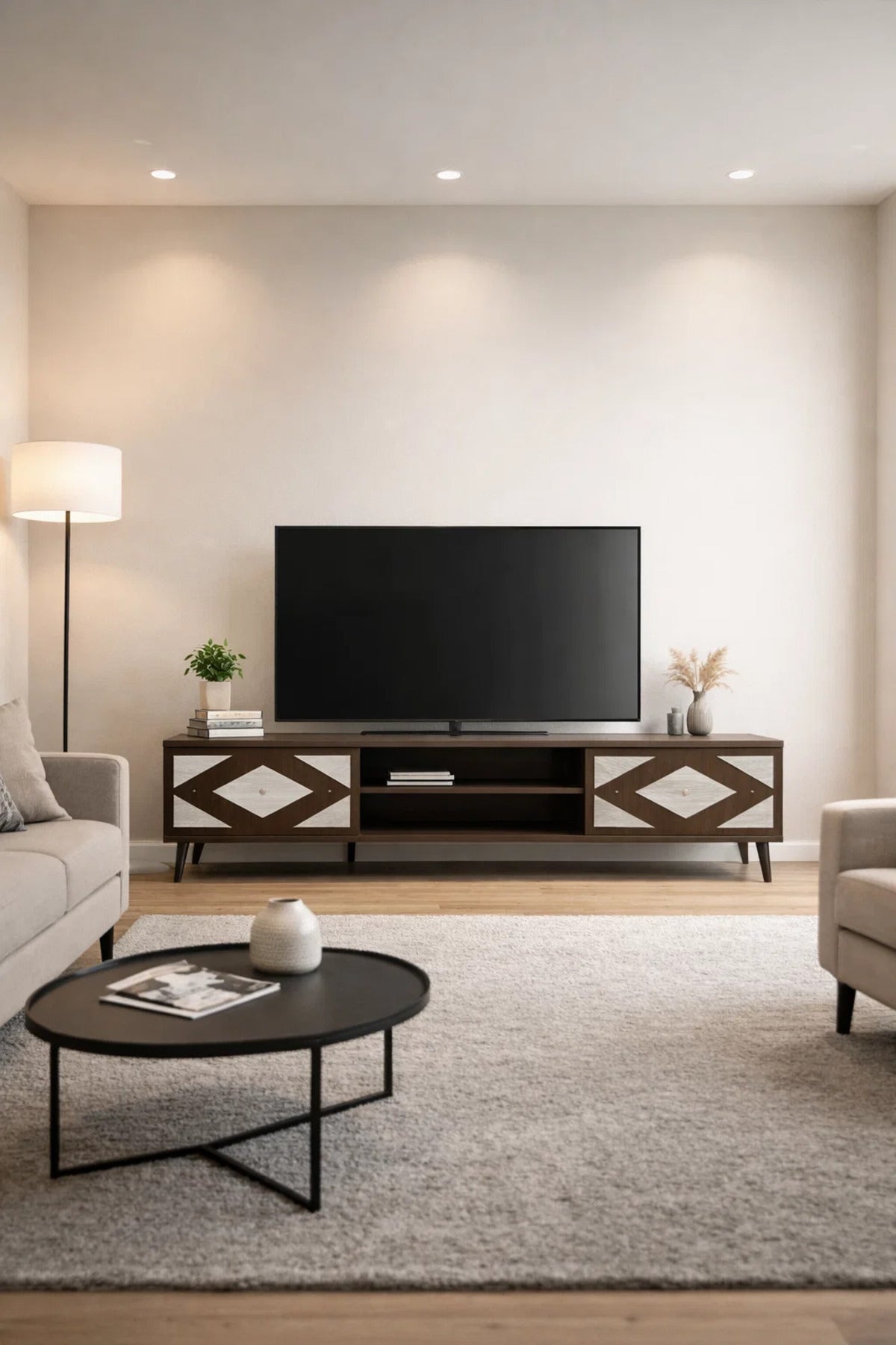 Stylish Geometric TV Unit Lowboard Media Console with Storage Shelves for Modern Living Room