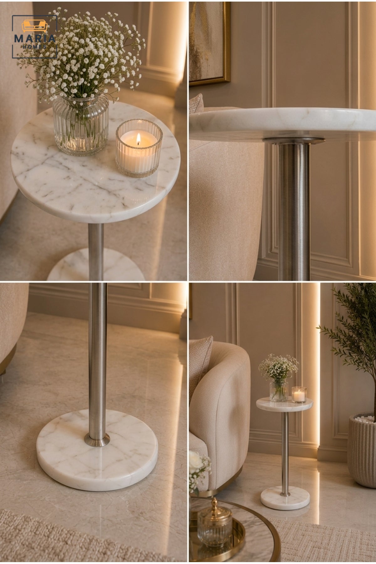 Modern Marble Side Table Round End Table Accent Table for Living Room Bedroom White Silver