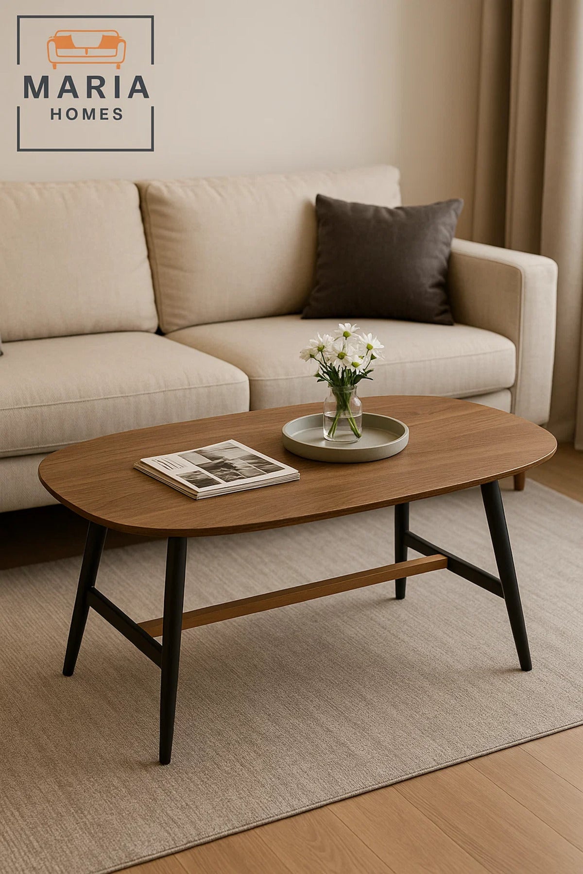 Wooden Center Table 120x60x45cm Ð Oval Coffee Table with Black Metal Legs for Living Room