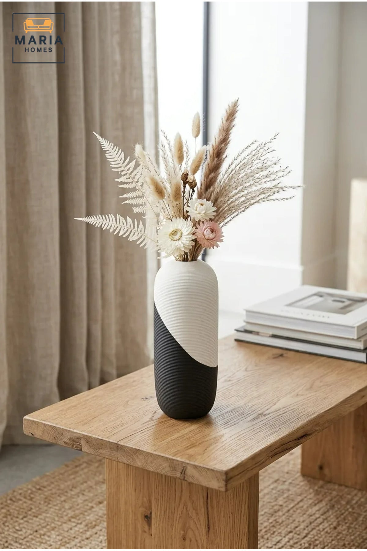 Modern Decorative Flower Vase with Two-Tone Abstract Design, Oval Cylinder Shape and Ribbed Texture for Living Room, Bedroom, Office and Console Décor