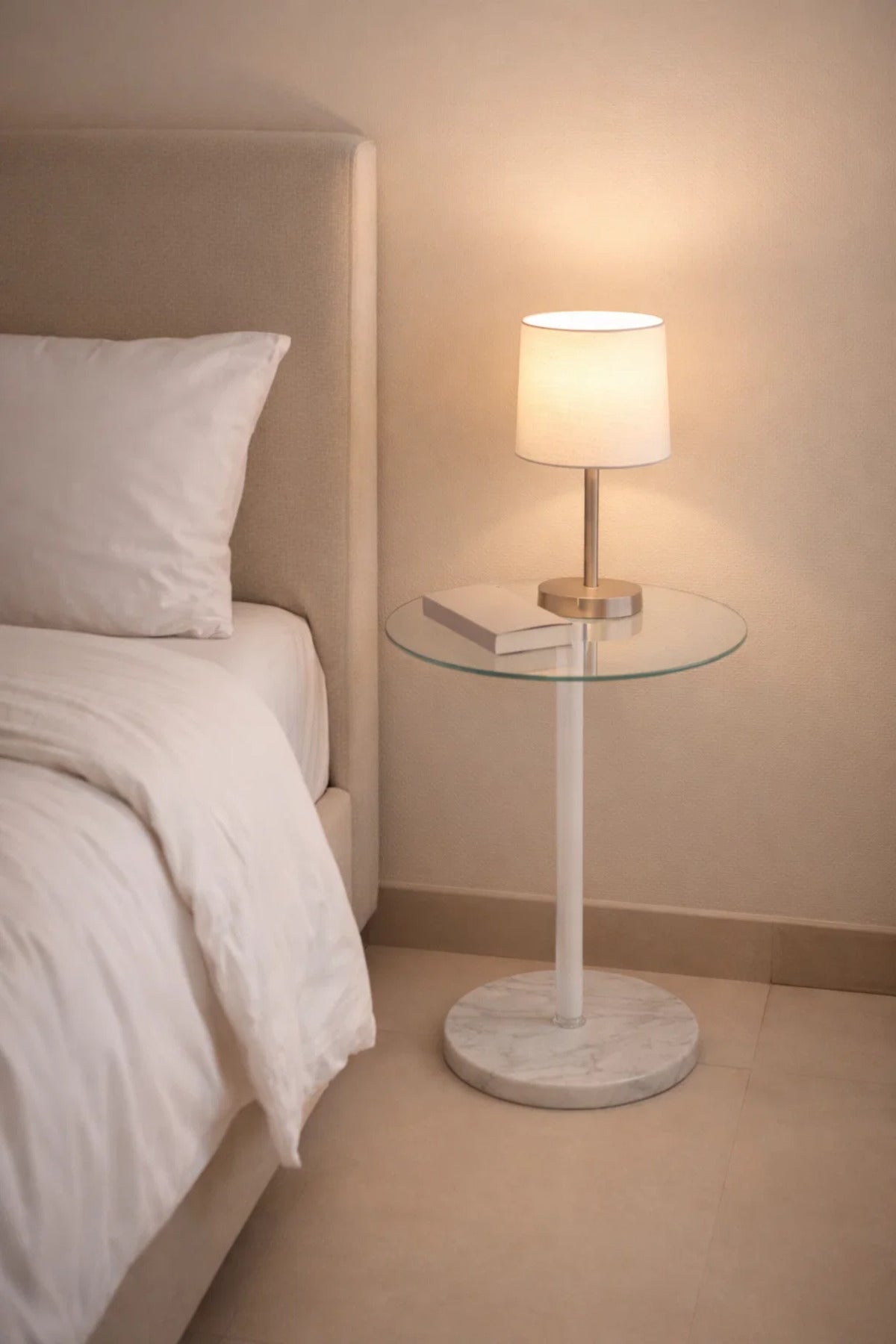 Round Glass Side Table with White Marble Base 35_35_55 cm Modern Accent round glass