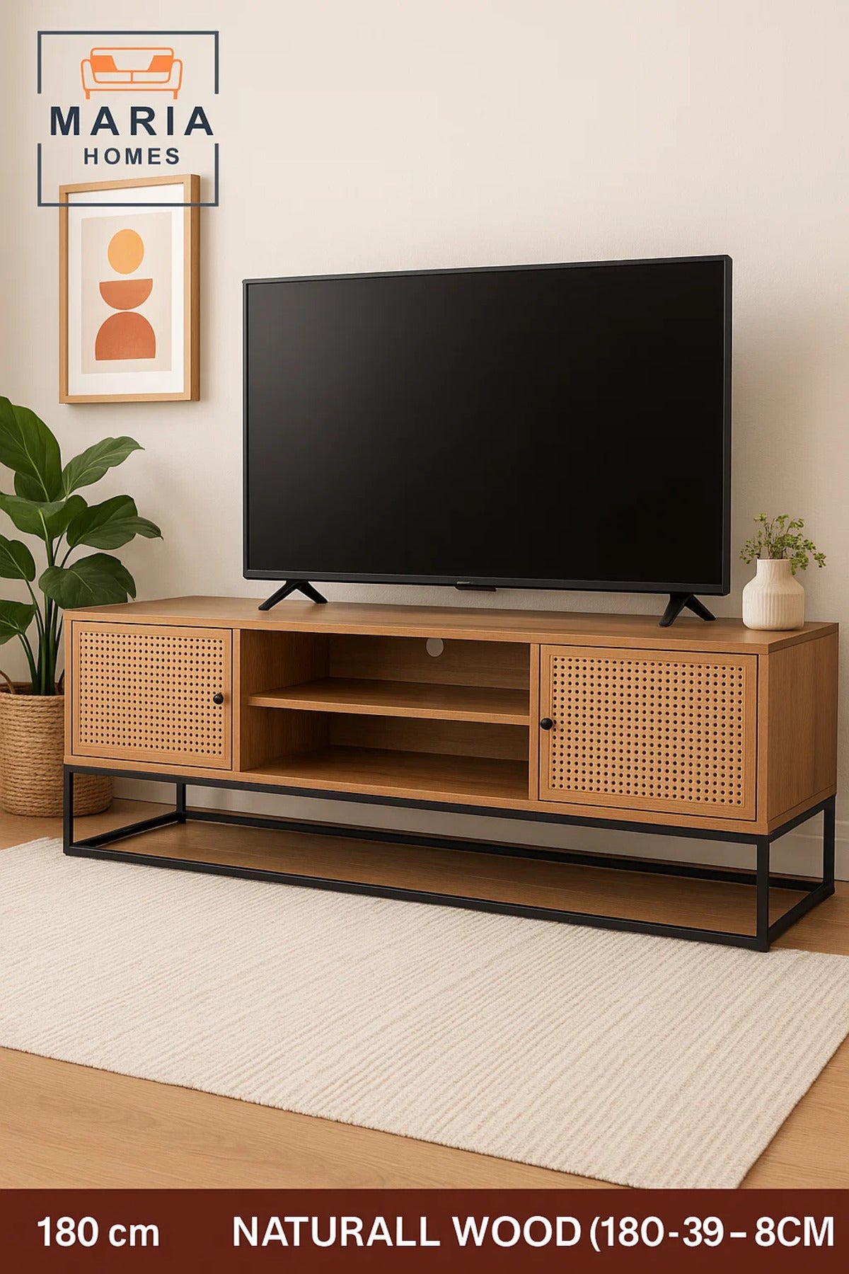 Natural Wood TV Stand with Woven Rattan Doors and Metal Base Ð 180x39x48 cm