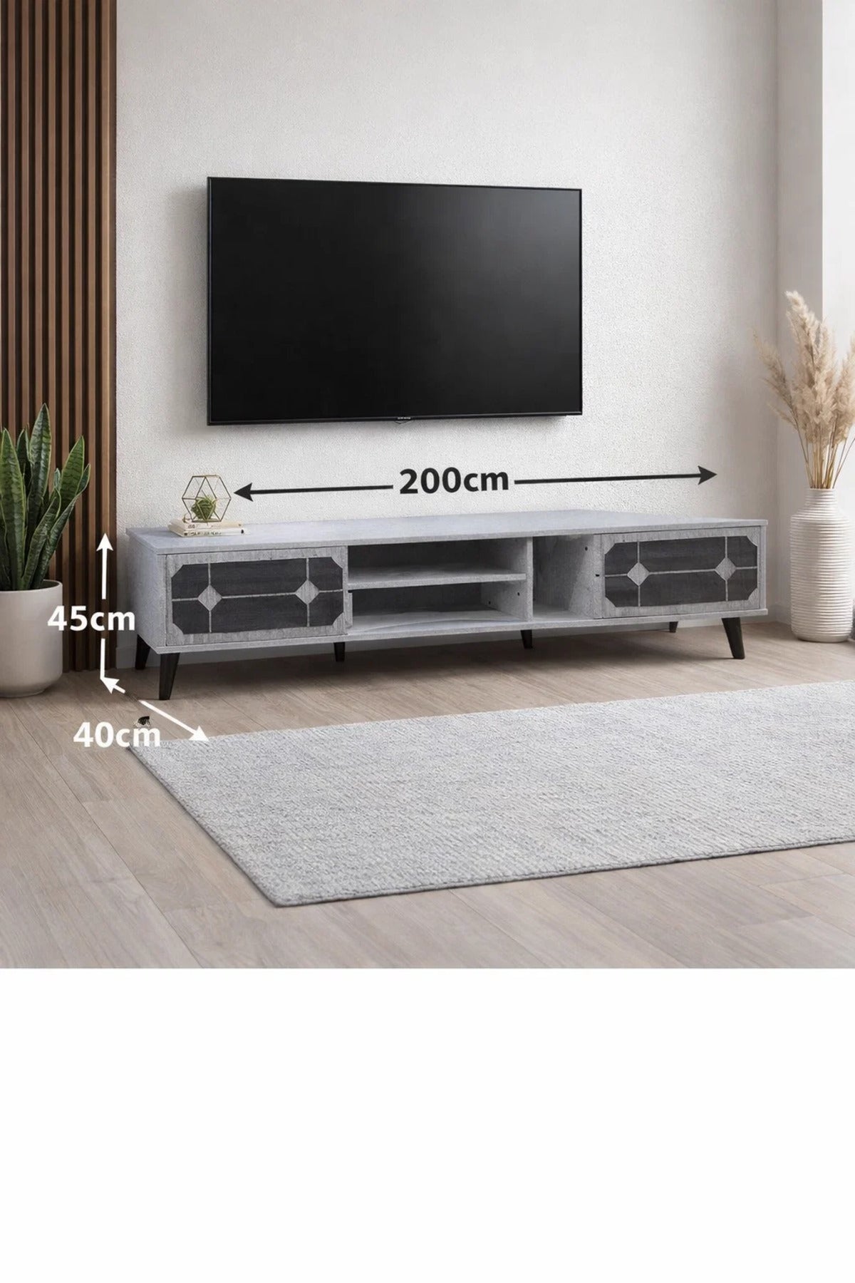 Stylish Grey TV Unit 200cm Wide Media Cabinet with Storage and Geometric Design for Living Room