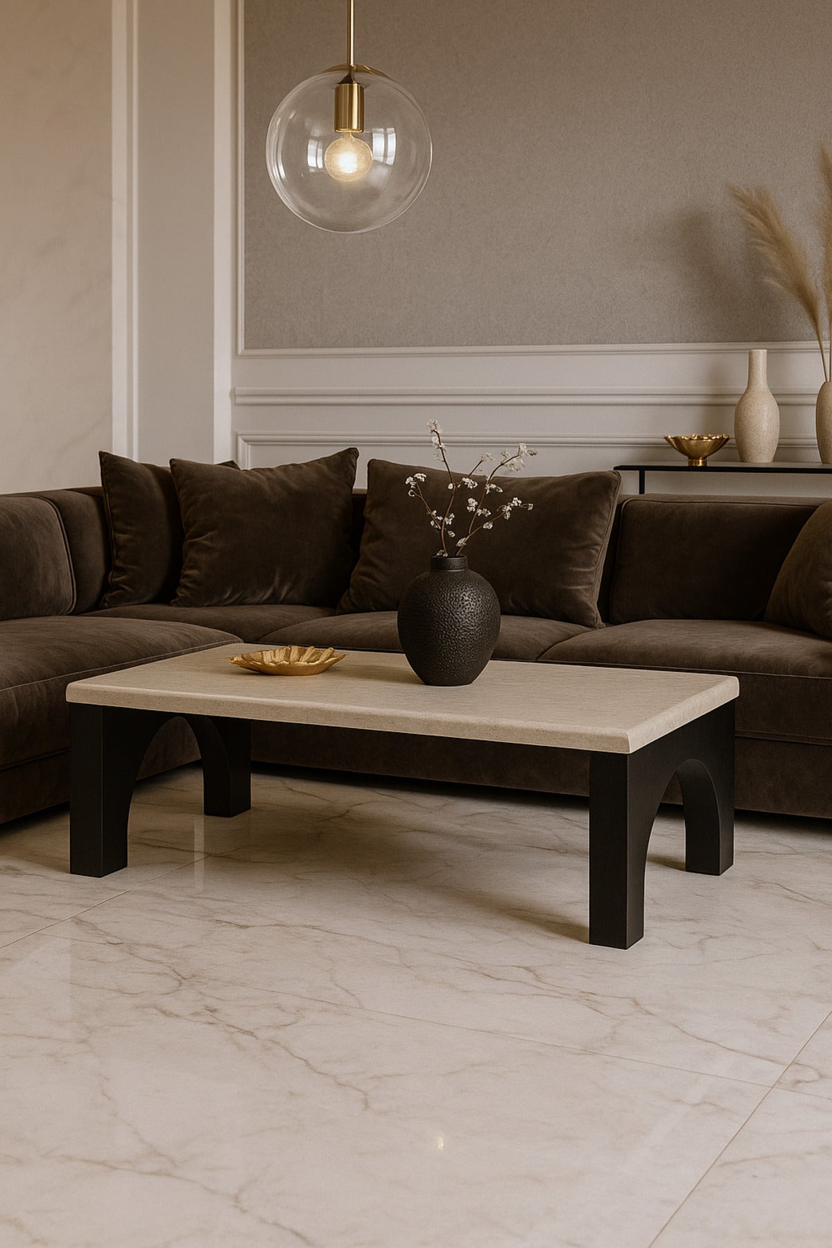 Modern Wooden Coffee Table with Black Arched Legs Elegant Center Table for Living Room 130_70_45 cm