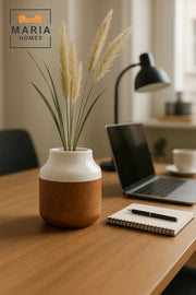 White and Cork Effect Ceramic Vase – Small Modern Decorative Flower Pot with Glossy Finish