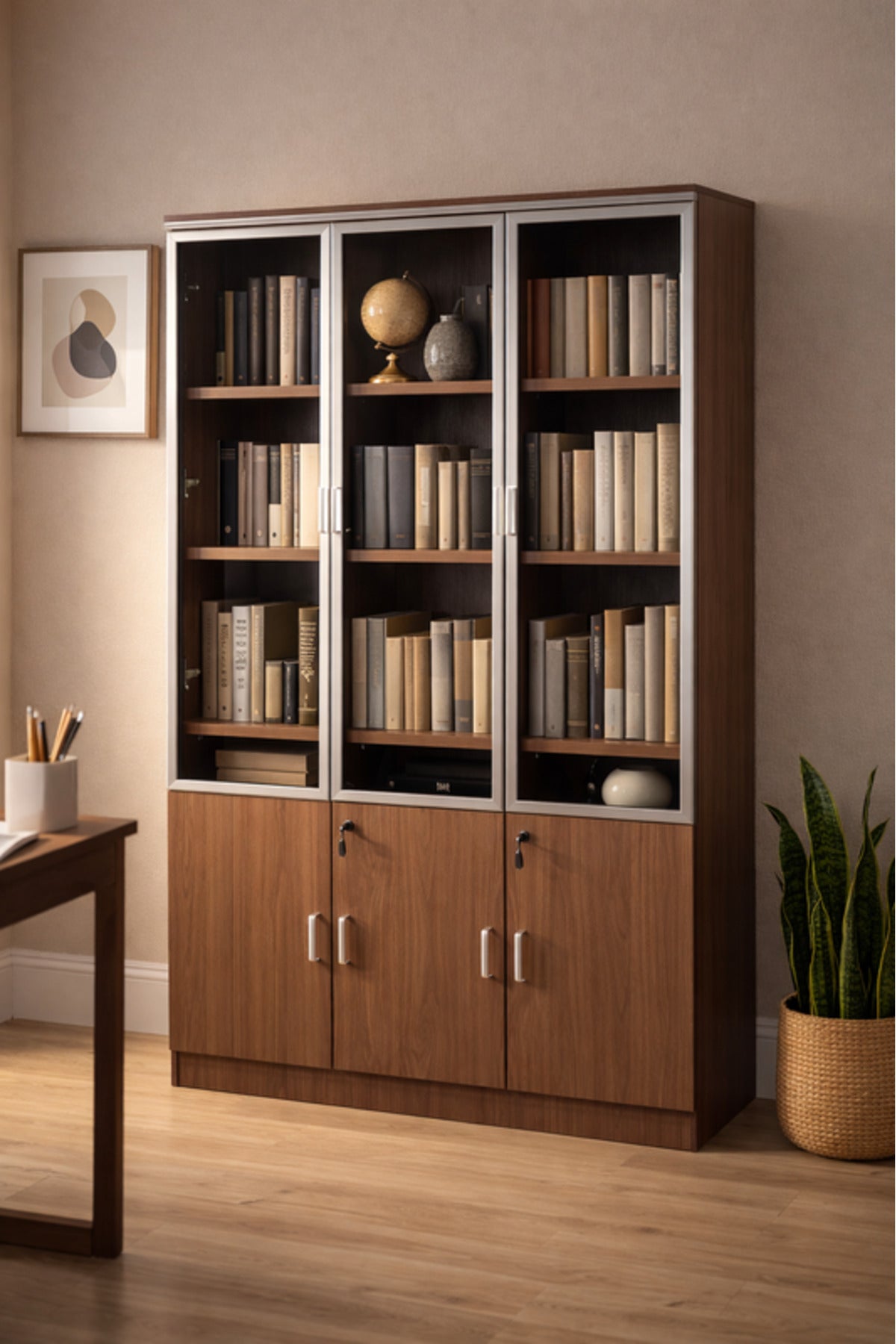 Modern Large Office Storage Cabinet 3 Glass Doors 3 Wood Doors Lockable File Organizer Light Brown