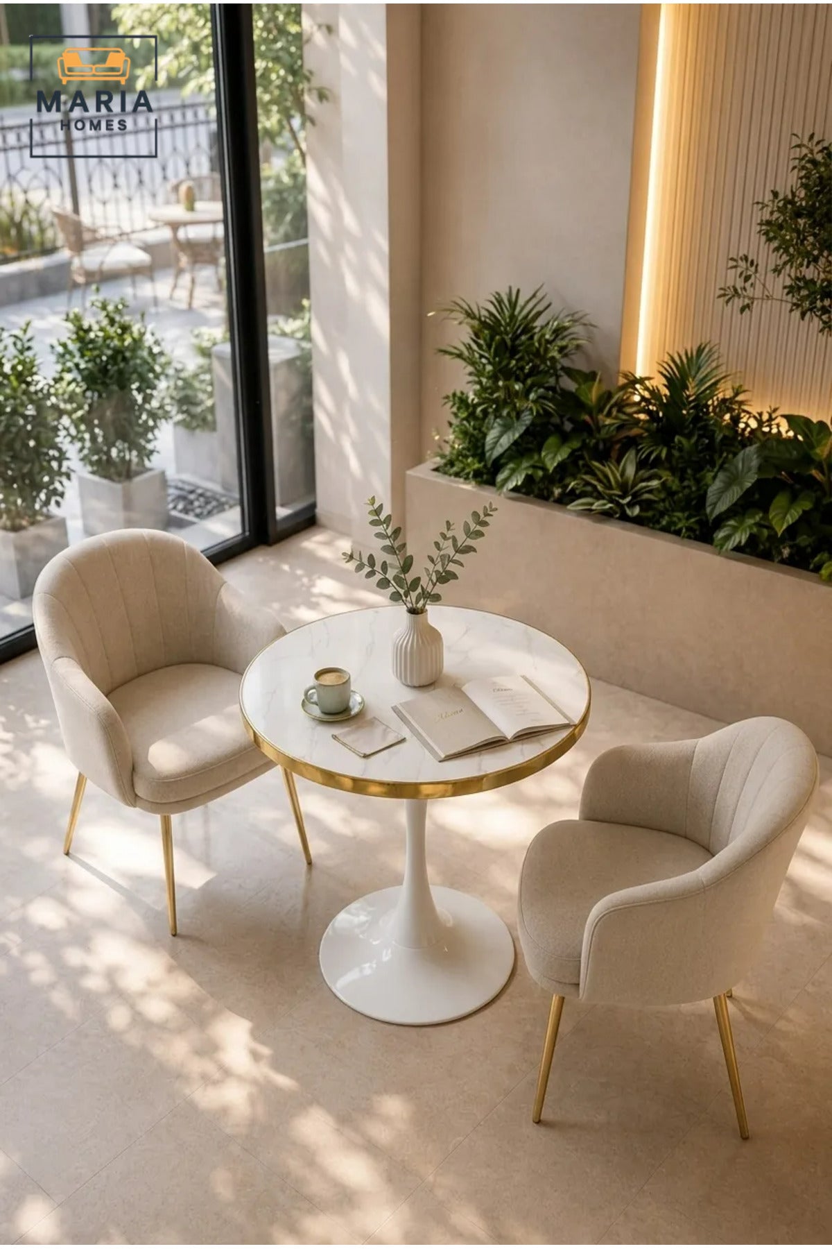 Modern Round Marble Bistro Table with Gold Trim for Cafe Dining Room Living Space