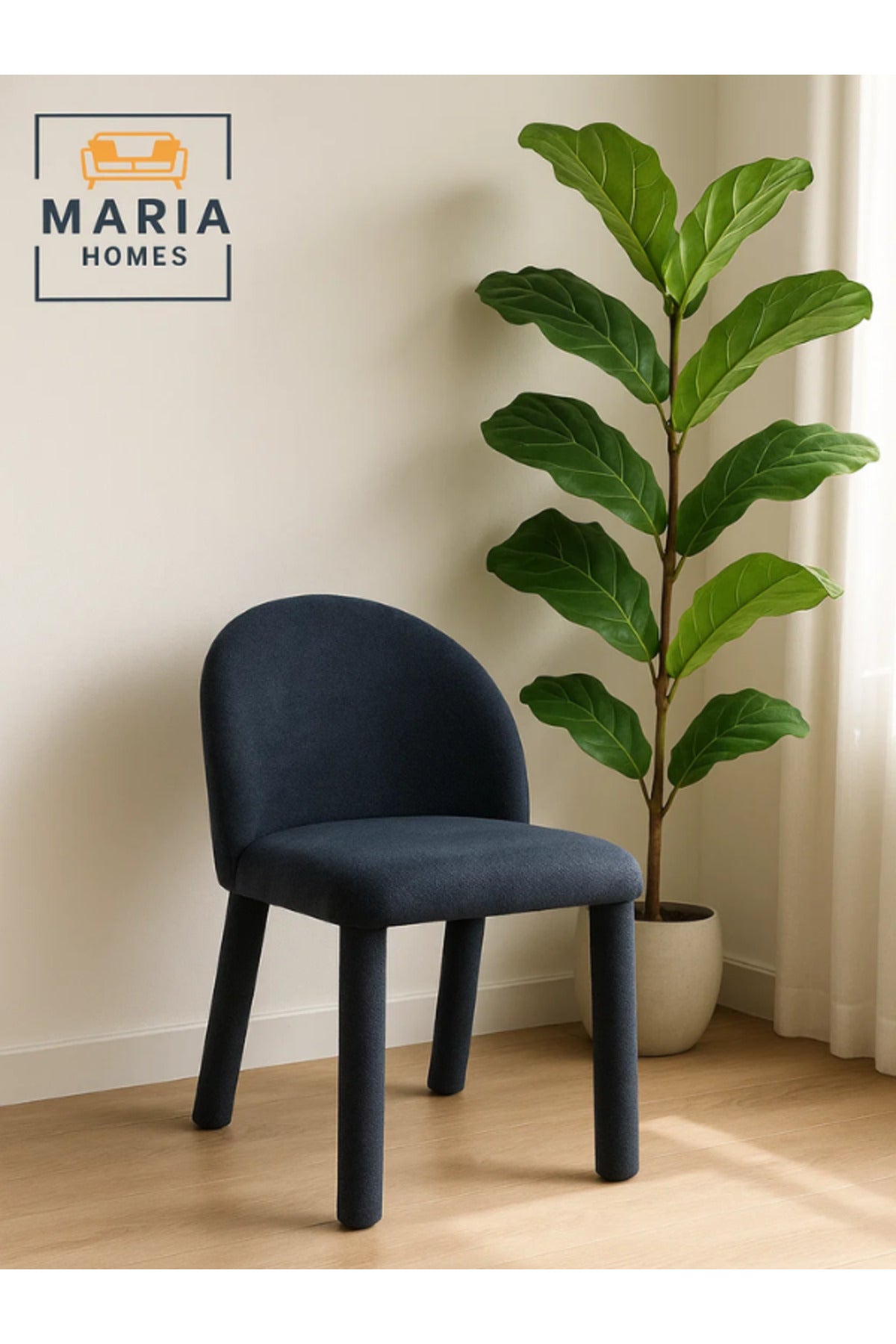 Dark Blue Upholstered Dining Chair Ð Modern Fabric Seat with Full Padded Legs