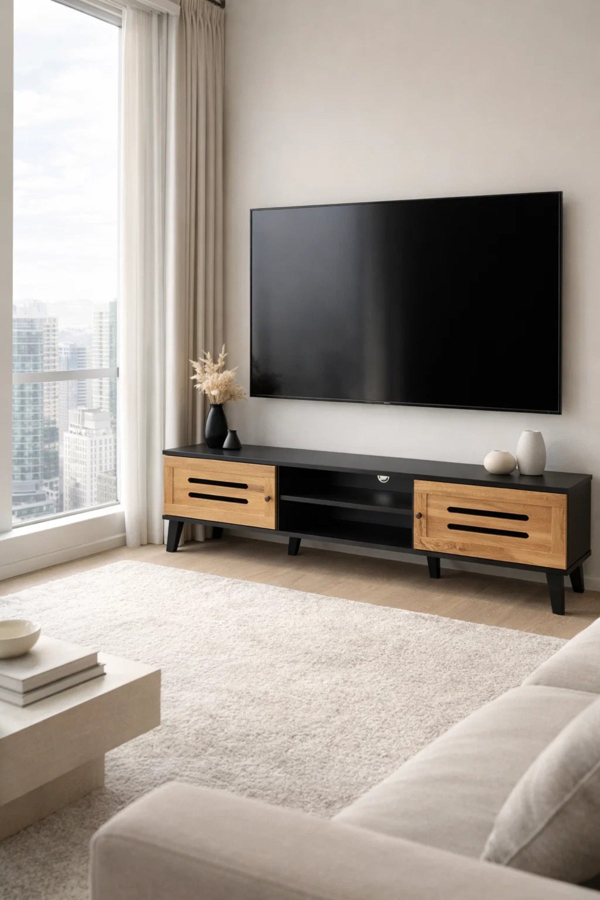 Modern Wooden TV Stand Black with Oak Front Panels 180 x 40 x 43 cm