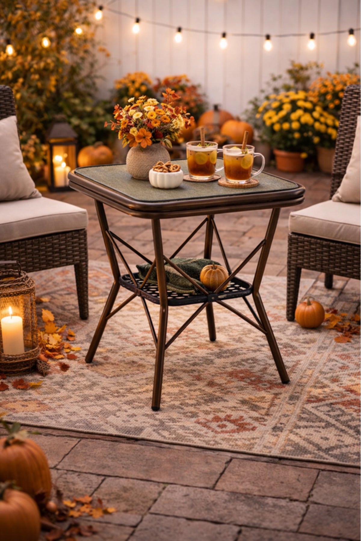 Modern Beige&Coffee Square Side Table with Marble-Effect Top & Metal Cross Base