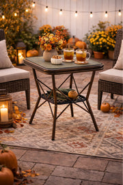 Modern Beige&Coffee Square Side Table with Marble-Effect Top & Metal Cross Base