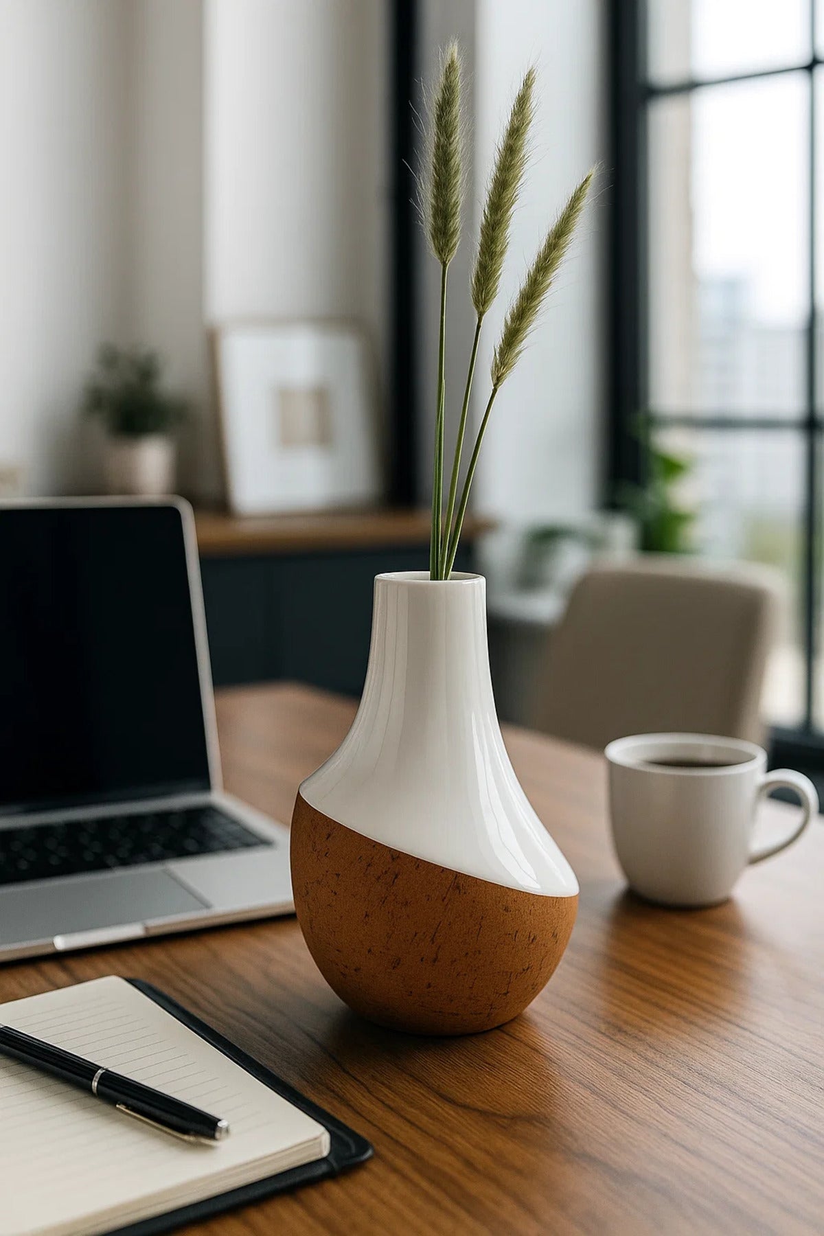 White and Cork Finish Ceramic Vase Ð Large Modern Decorative Flower Pot