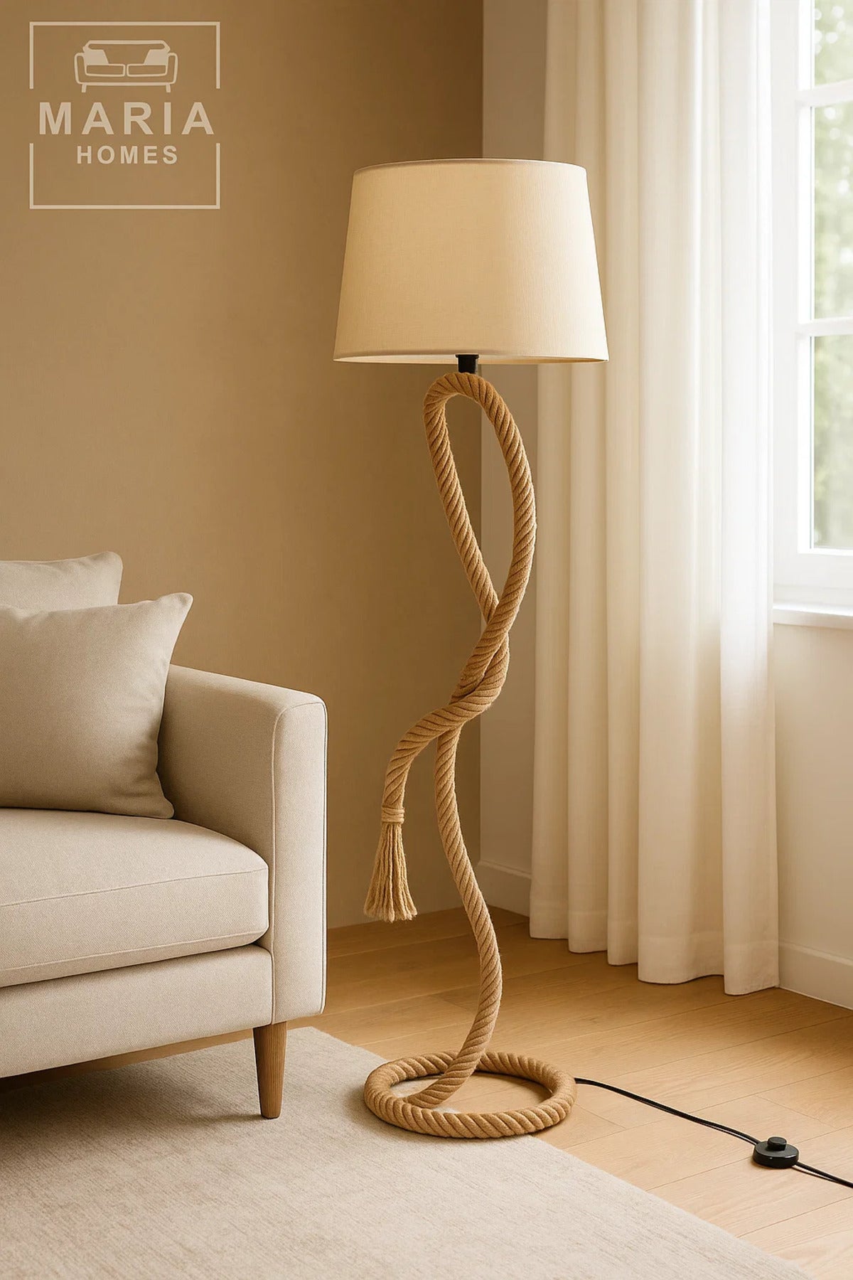 Twisted Rope Floor Lamp with Beige Shade