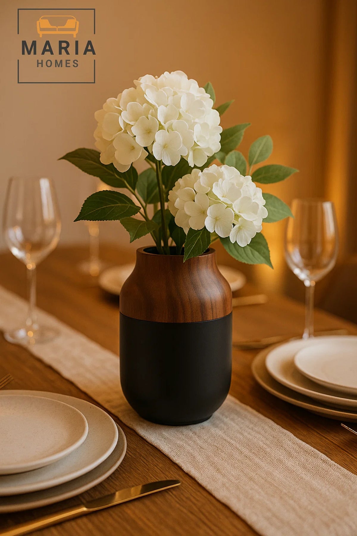Modern Decorative Vase Ð Matte Black Flower Vase Ð Wood-Effect Home Decor Accessory