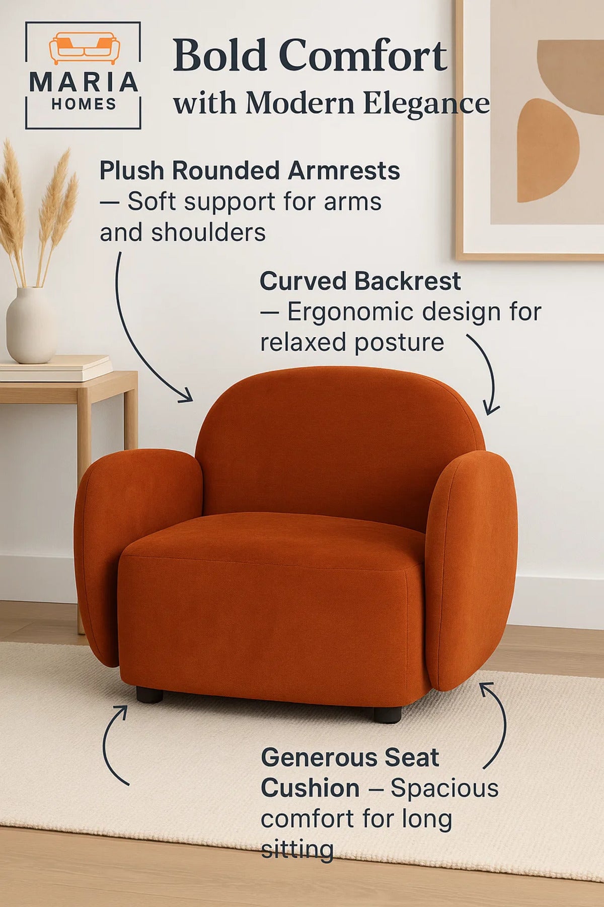 Plush Burnt Orange Lounge Chair with Curved Back and Padded Arms