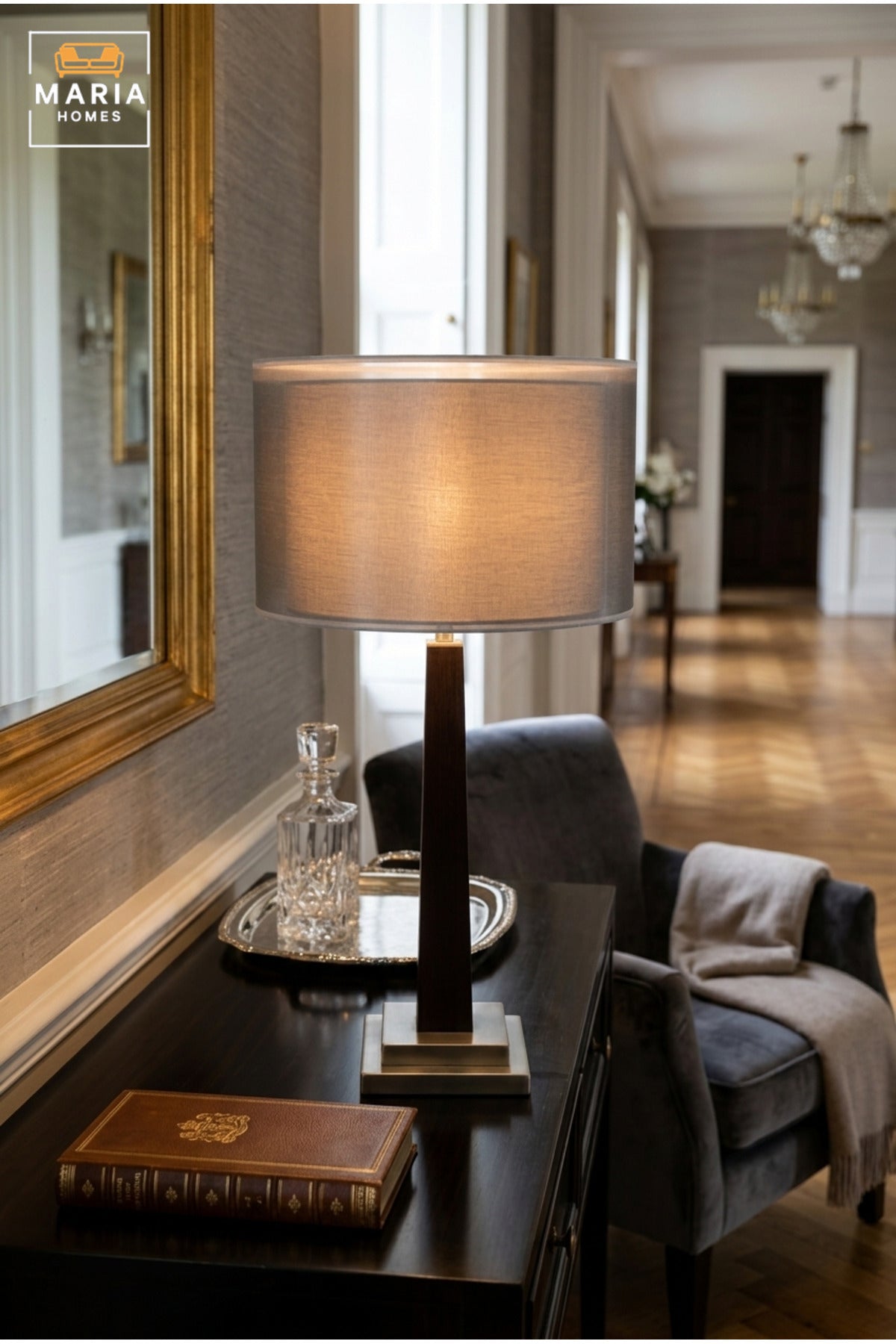 Modern Wooden Table Lamp with Grey Double Layer Drum Shade, Slim Tapered Base and Silver Tone Accents for Bedroom, Living Room, Office and Hotel