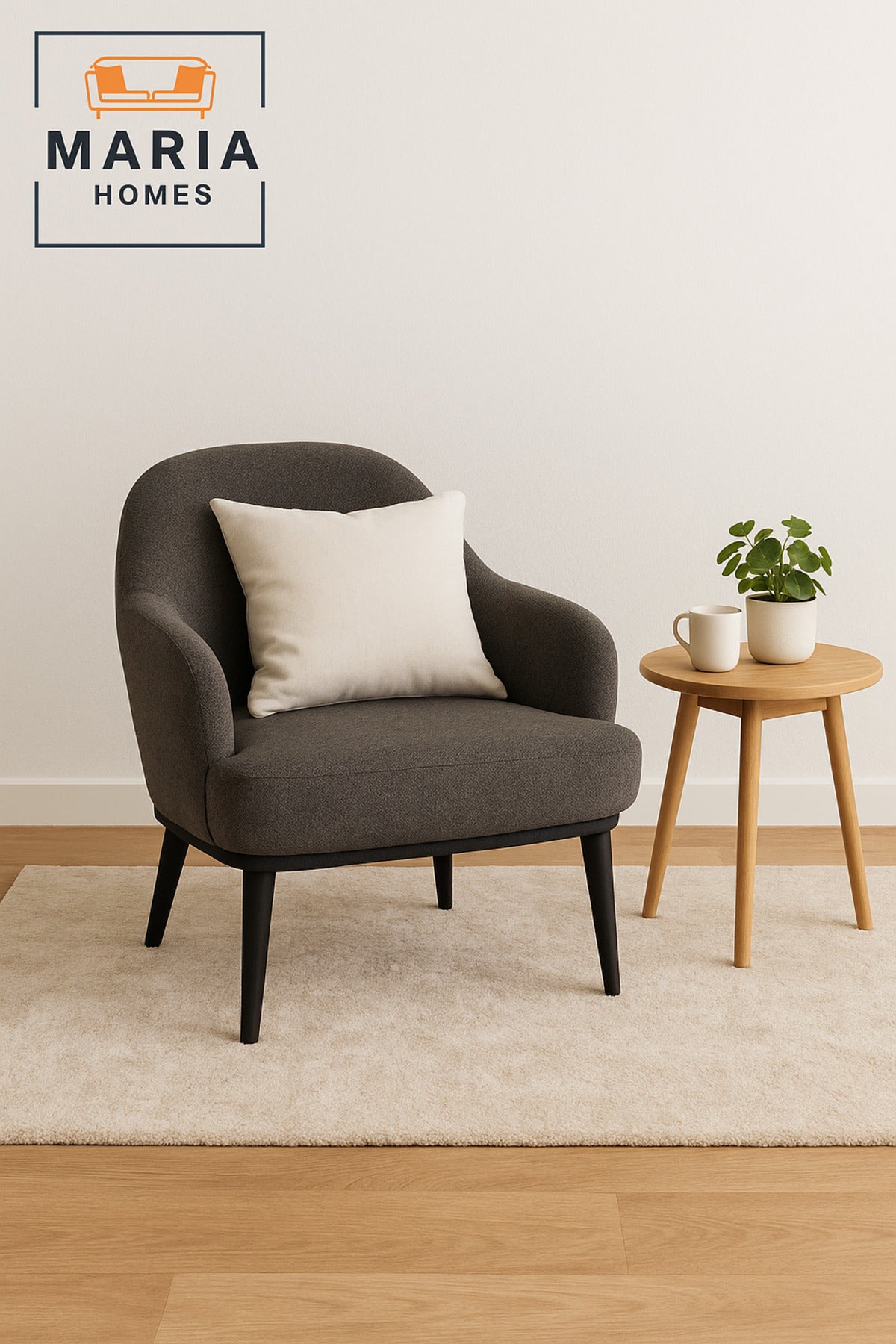 Dark Gray Armchair Ð Modern One-Seater Sofa with Fabric Upholstery & Black Legs