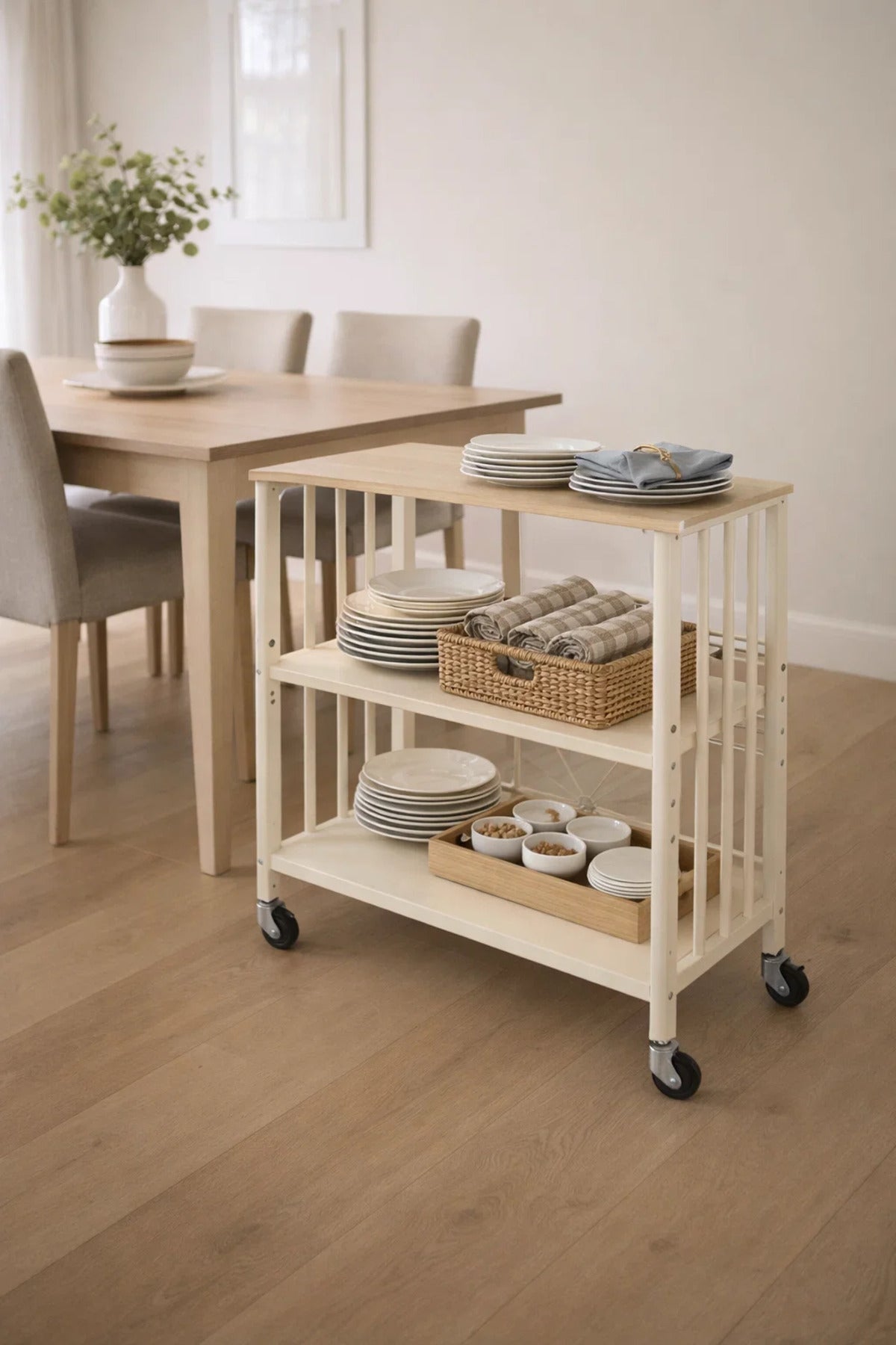 Light Wood 3-Tier Rolling Storage Shelf 80_40_80 cm