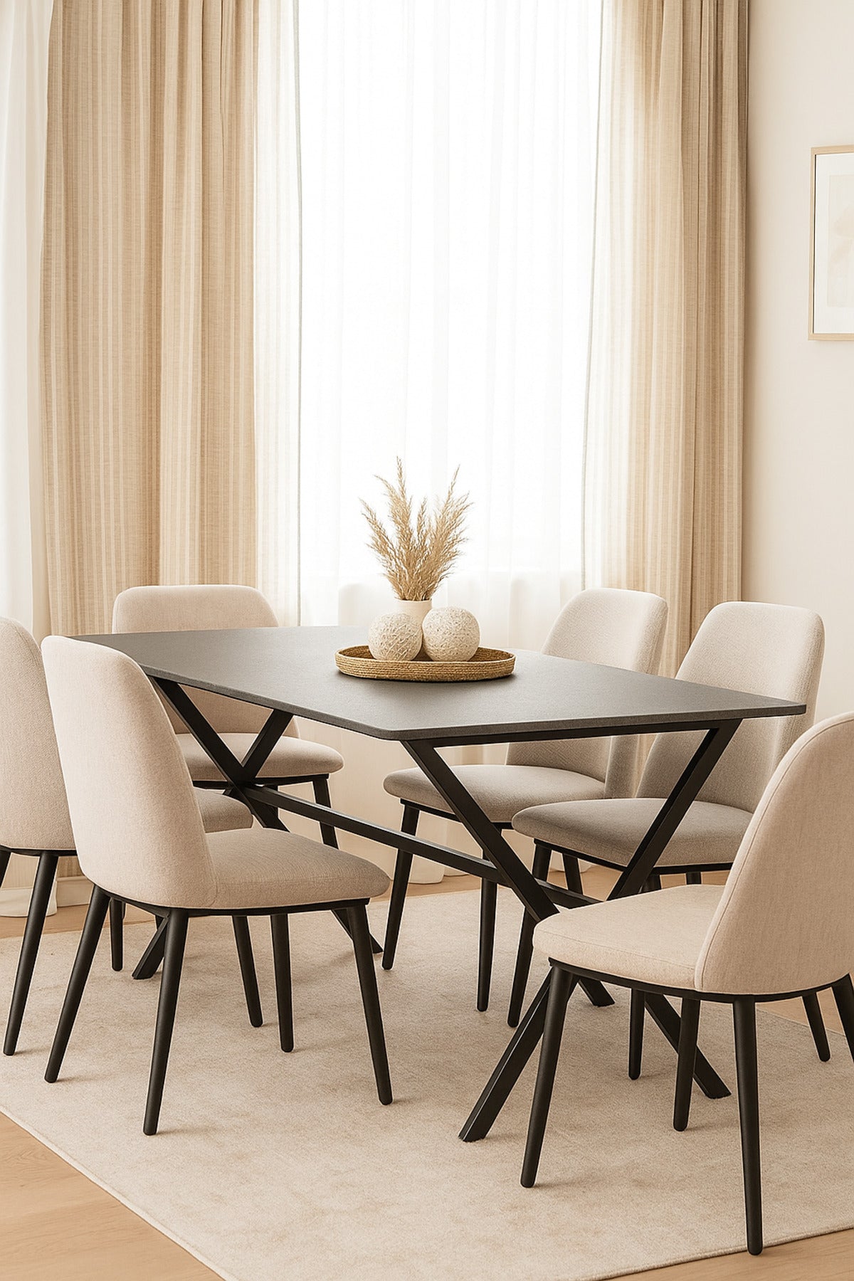 Modern Grey Dining Table Ð 150_90_77 cm | Stone Finish Tabletop with Black Cross Metal Legs
