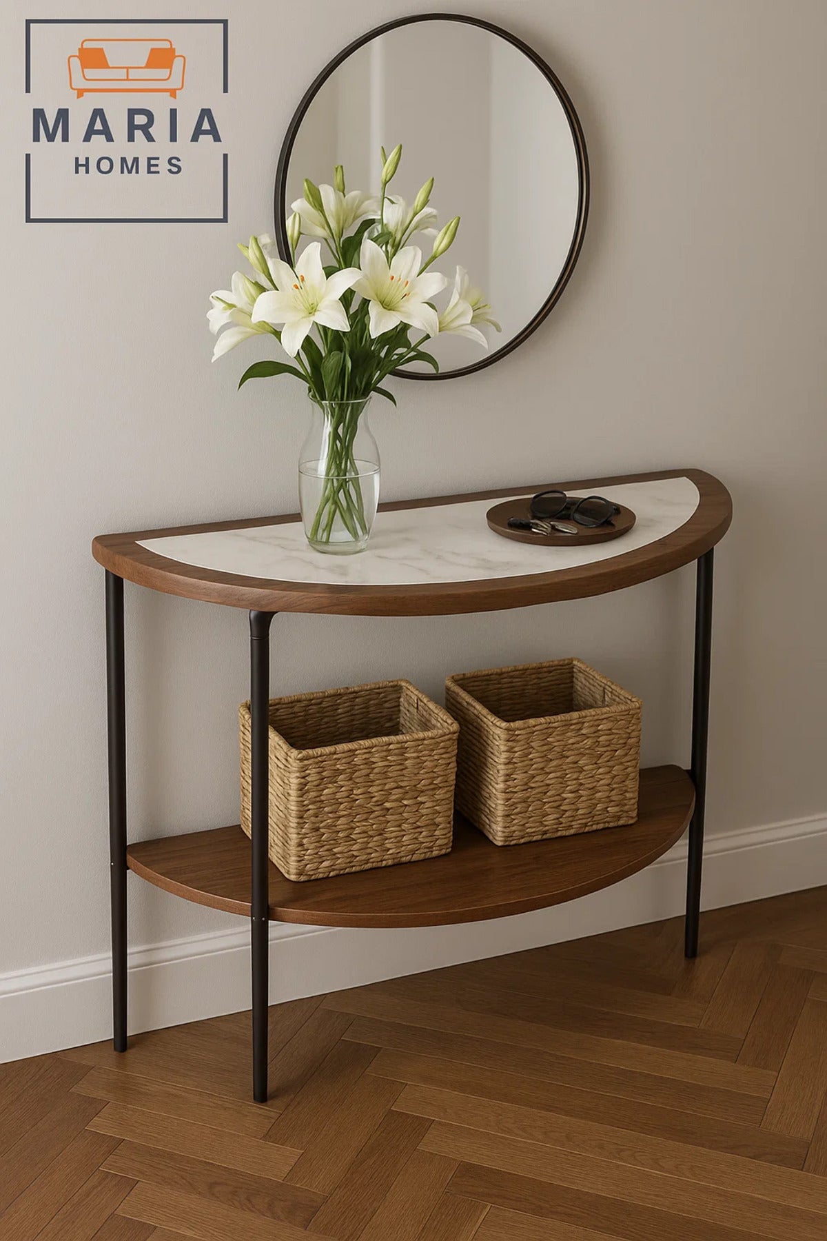 Half Moon Console Table with Marble Top Ð 119x75x43cm Modern Entryway Hallway Accent Table