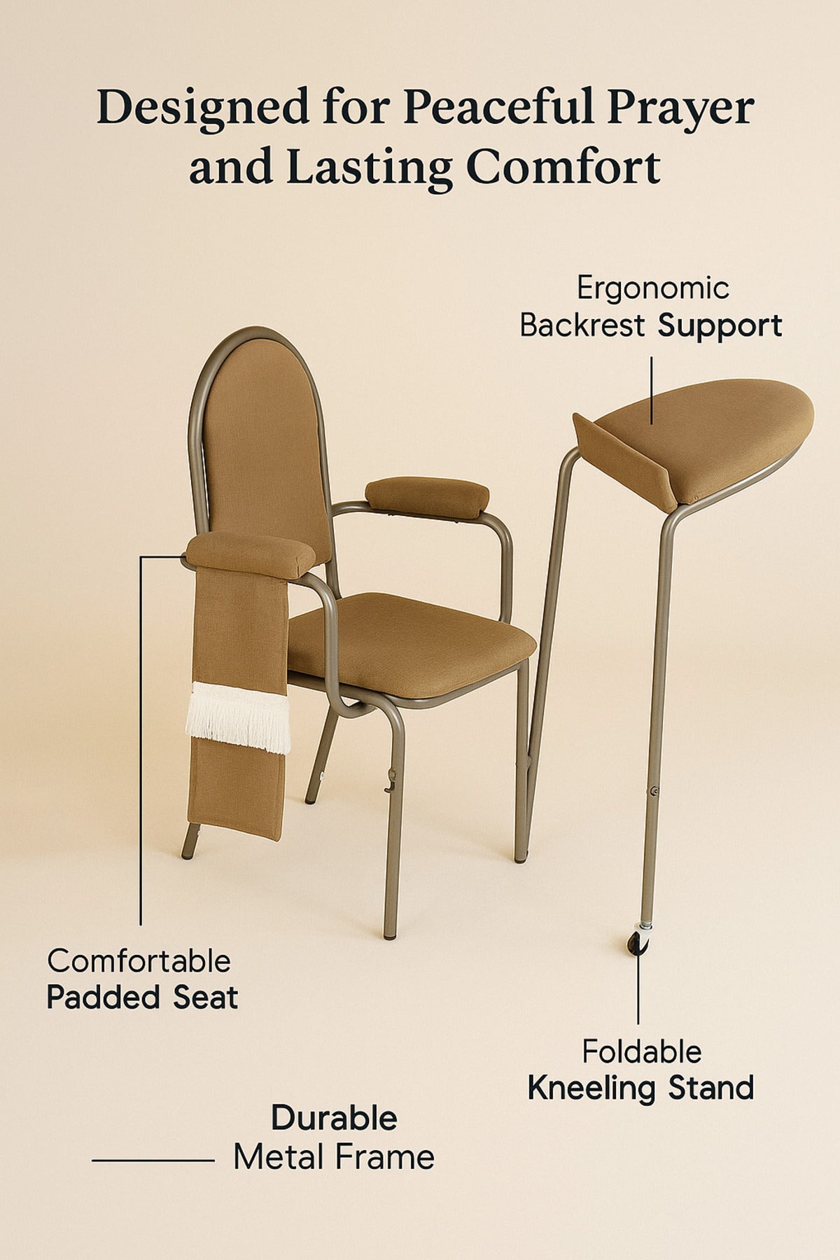 Brown Prayer Chair with Back Support Ð Comfortable Metal Frame Chair with Foldable Kneeling Stand