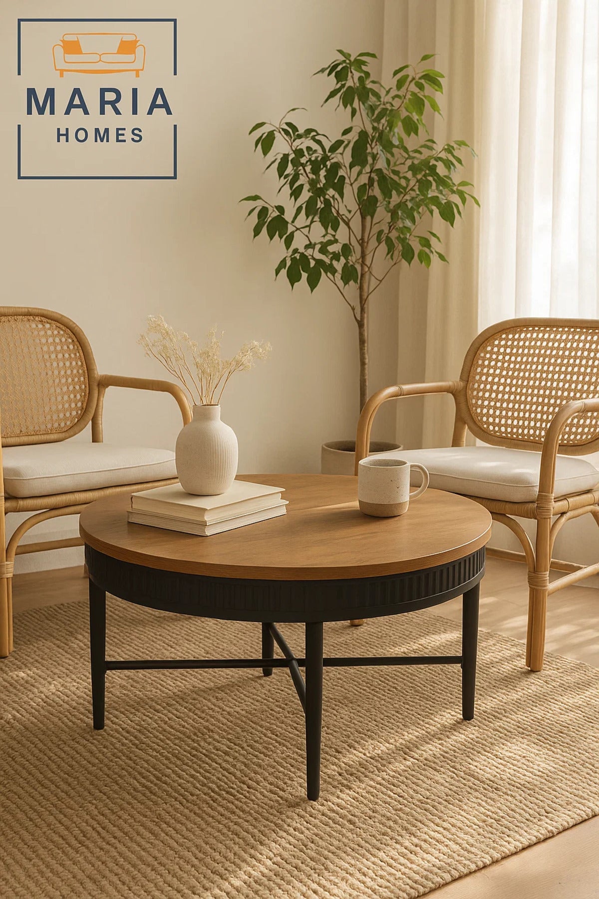 Round wooden coffee table with black fluted edge and base