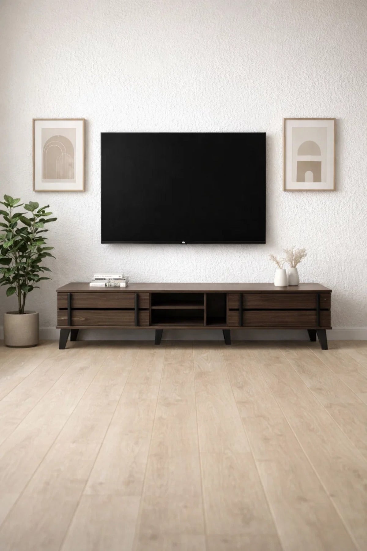 Furniture 200cm Modern TV Unit Dark Brown Wood Media Stand with Drawers for Living Room