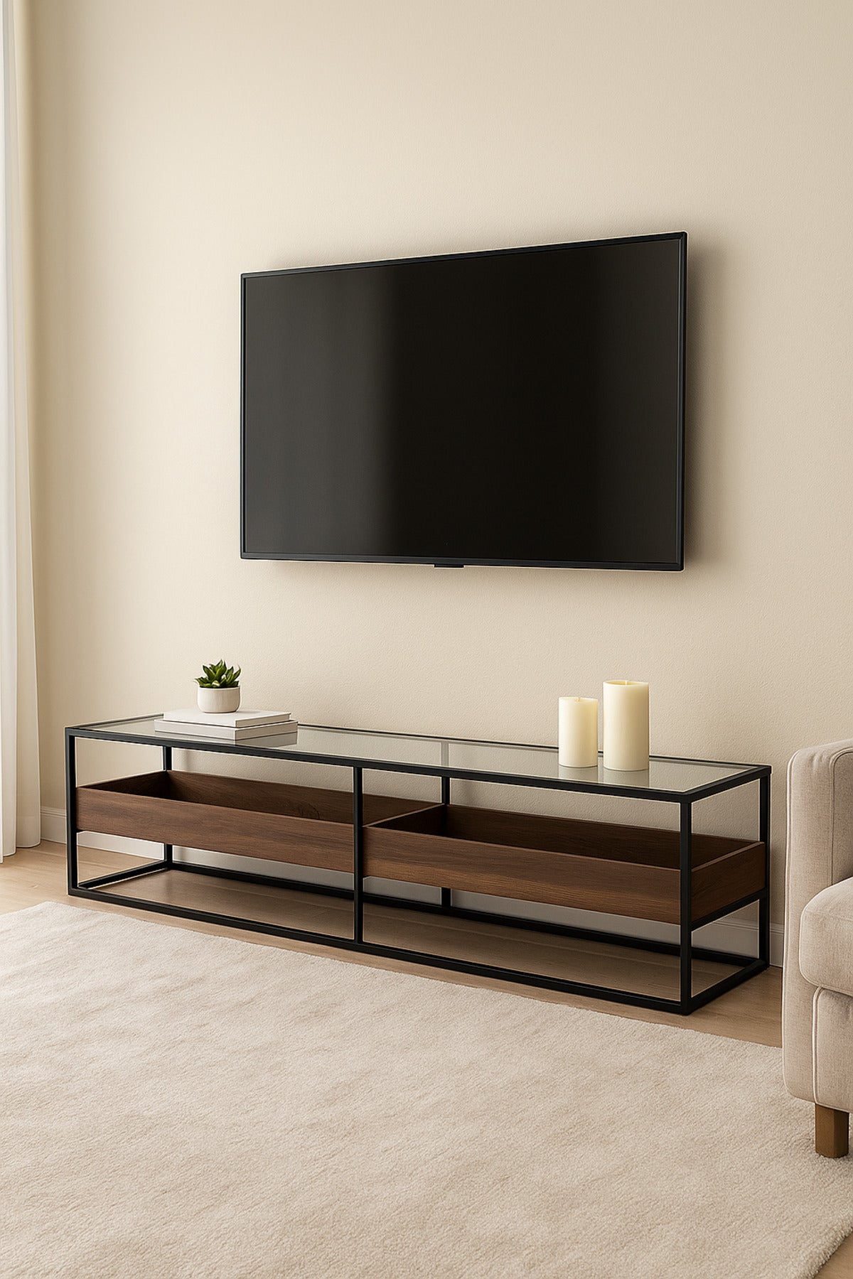 Modern Walnut TV Table with Glass Top & Black Metal Frame Ð 180_40_45 cm