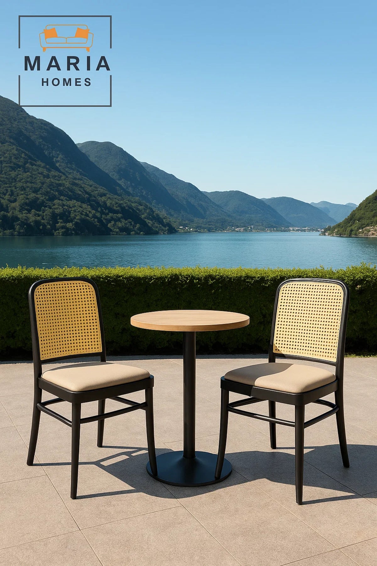 Black Wooden Dining Chair with Woven Cane Backrest and Soft Beige Upholstered Seat Ð Classic Design