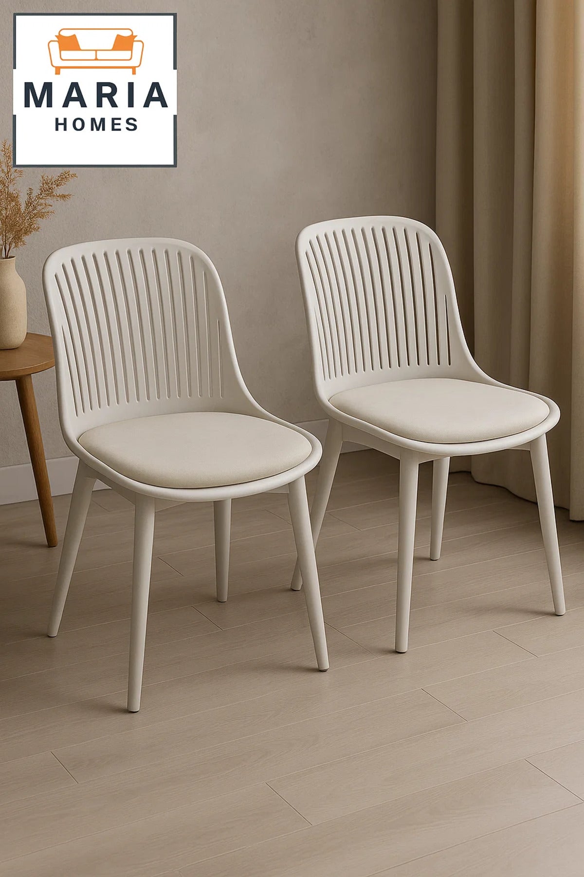 Modern White Plastic Chair with Vertical Cutout Back and Cream Seat Cushion