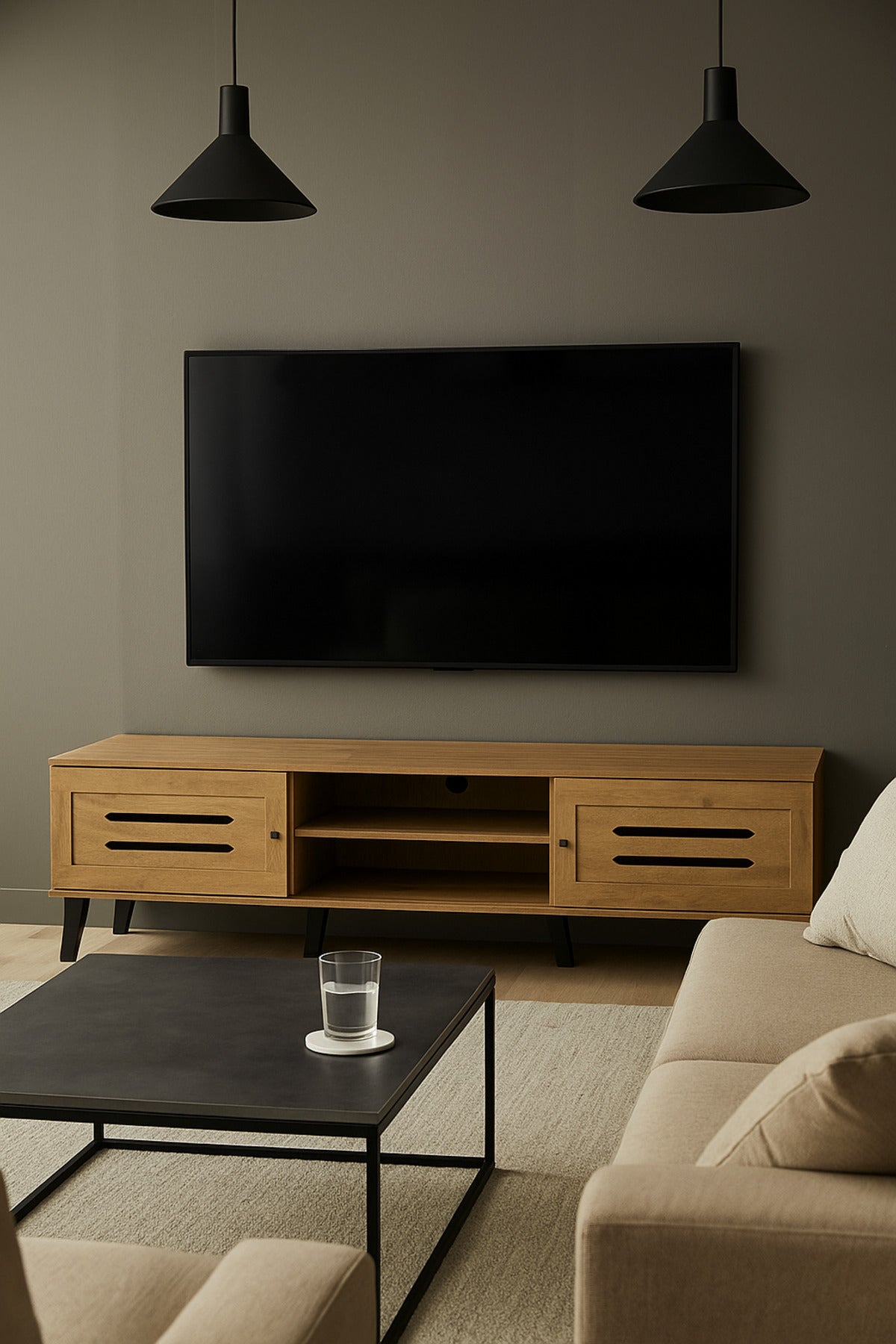 Light Brown Wooden TV Stand 180_40_44 cm Ð Modern TV Unit with Slot Design Doors and Open Shelves