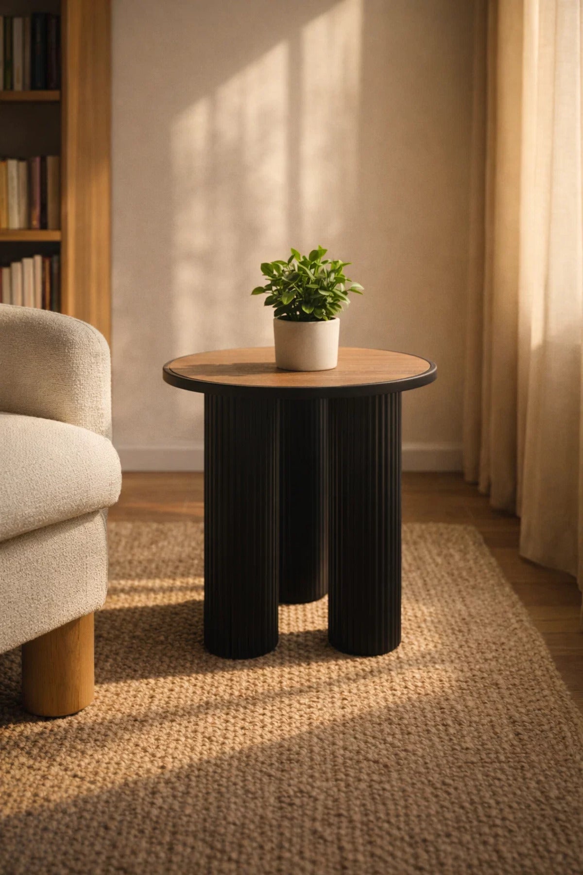 Modern Round Side Table Black Fluted Base Wood Top Living Room Accent End Table Nightstand