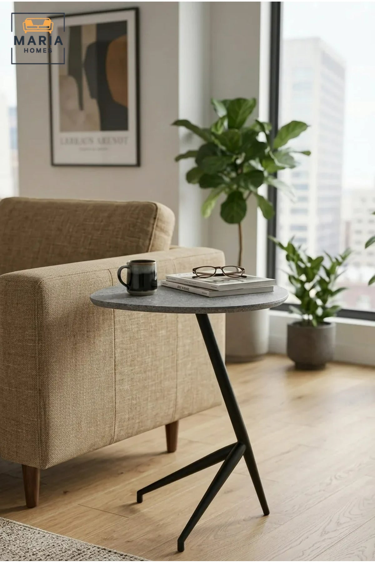 Modern Accent Side Table with Stone-Effect Top & Geometric Base, Contemporary End Table for Living Room, Bedroom & Lounge