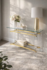 Luxury Acrylic Console Table with Gold Accents and Glass Top 120cm Modern Hallway Furniture