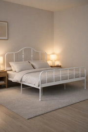Elegant White Metal Bed Frame 180x200cm King Size Iron Platform Base with Curved Headboard